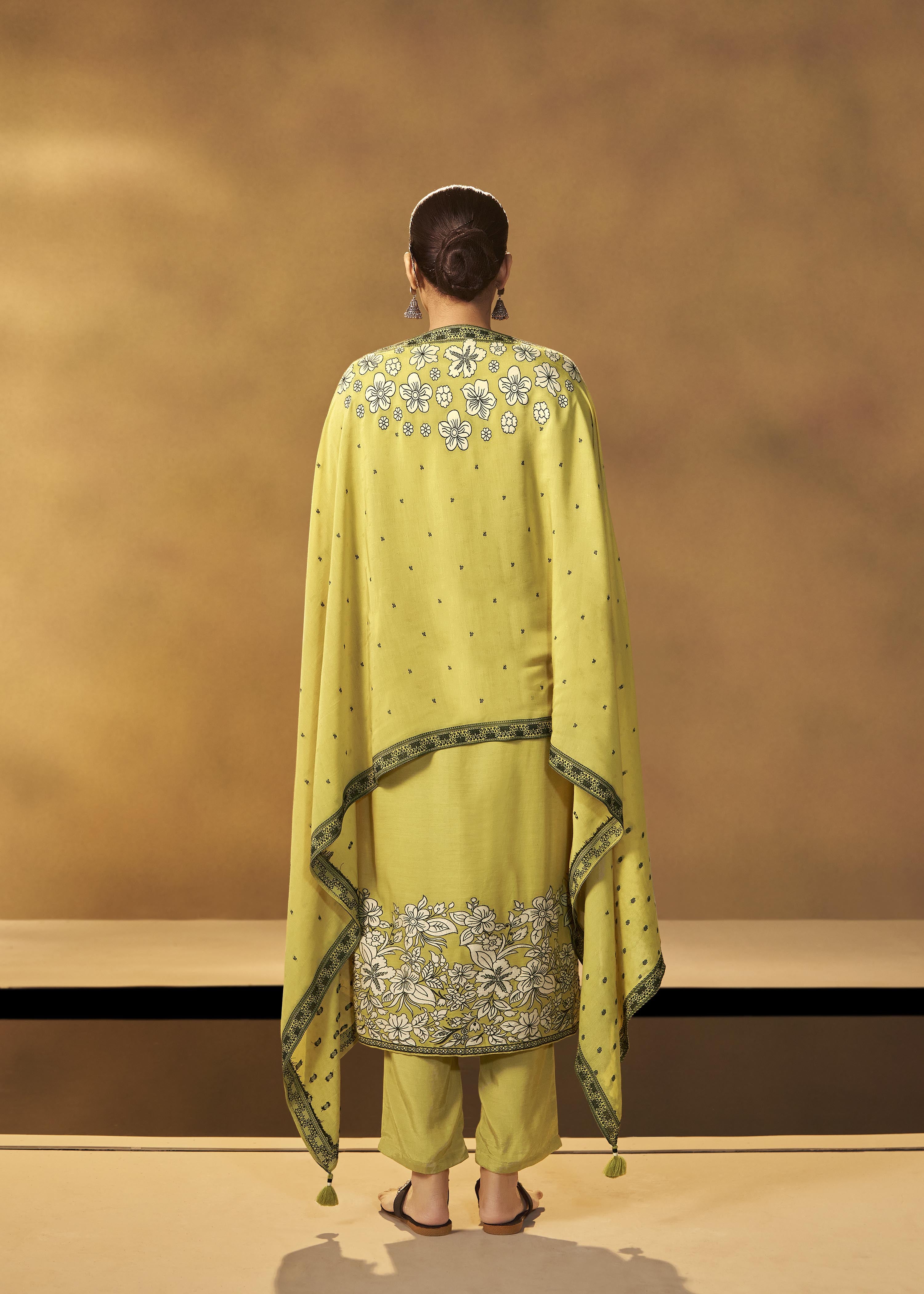 Olive Yellow Muslin Black Jacquard Kurta Set