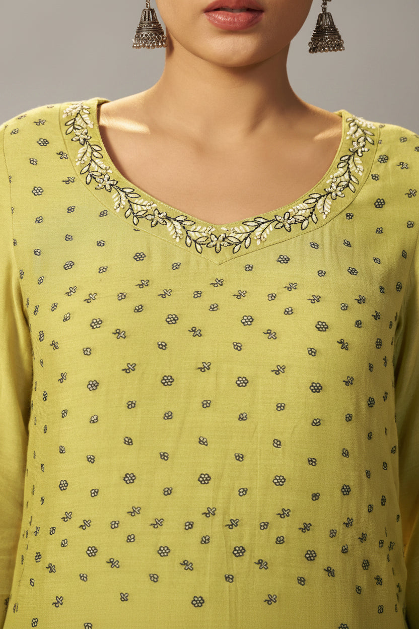 Olive Yellow Muslin Black Jacquard Kurta Set