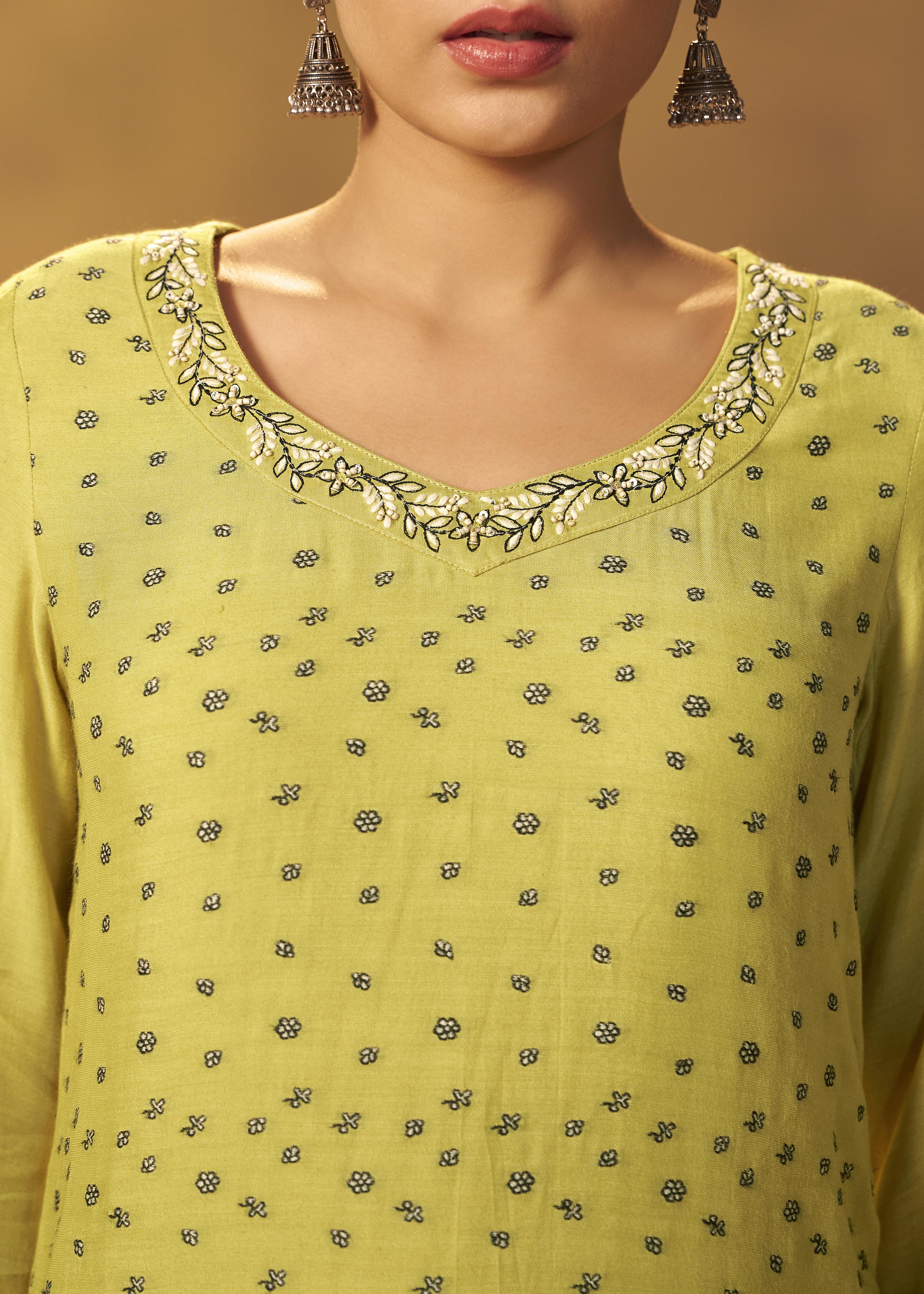 Olive Yellow Muslin Black Jacquard Kurta Set