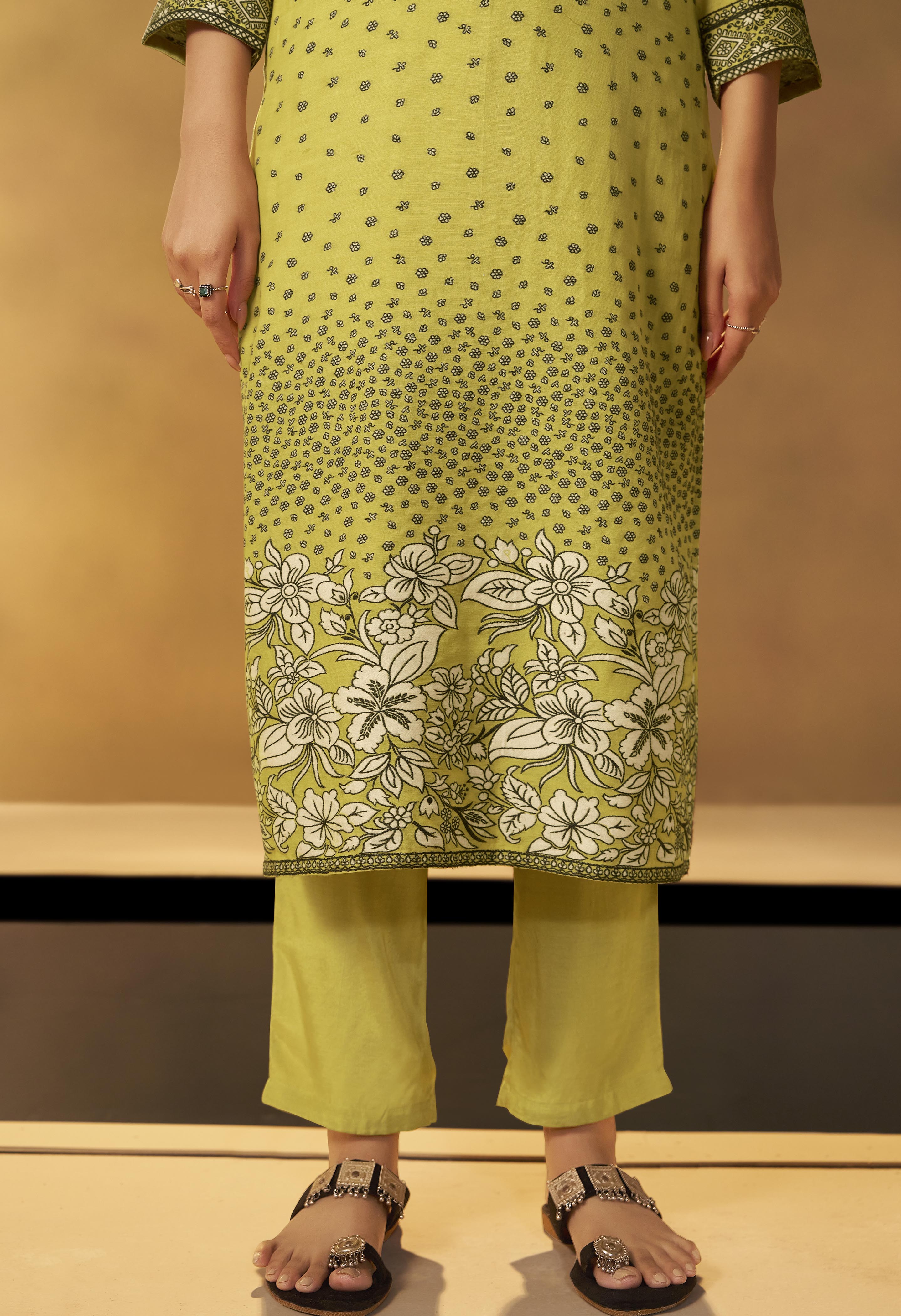 Olive Yellow Muslin Black Jacquard Kurta Set