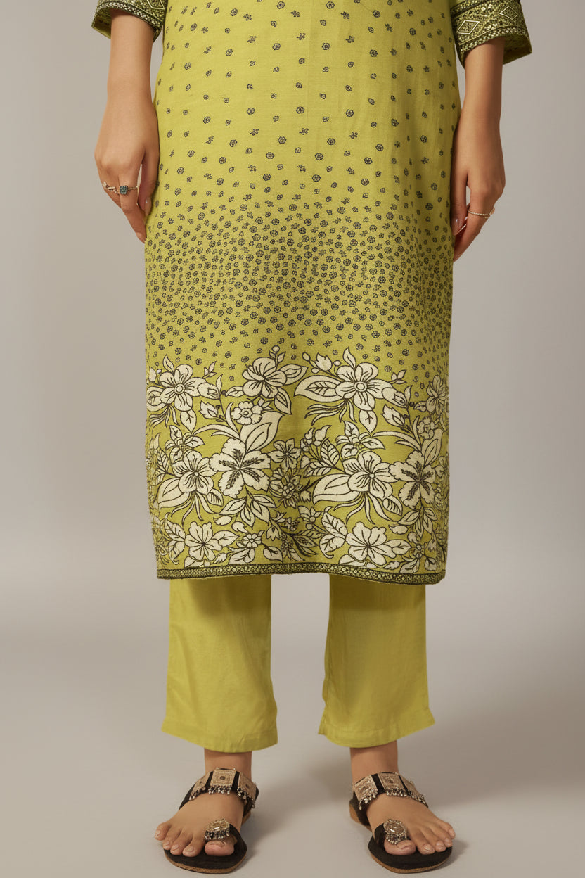 Olive Yellow Muslin Black Jacquard Kurta Set