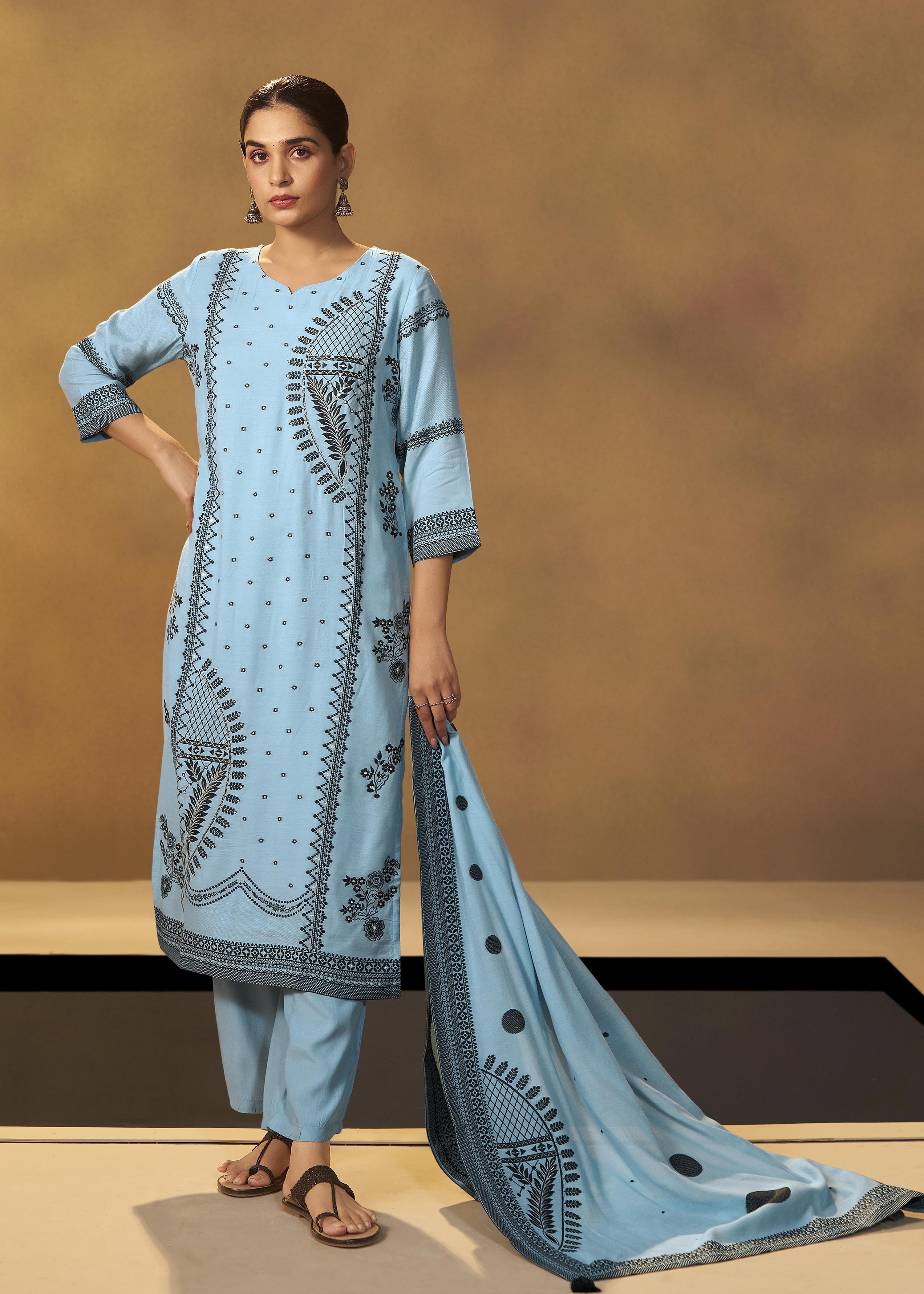 Seafoam Blue Muslin Black Jacquard Kurta Set