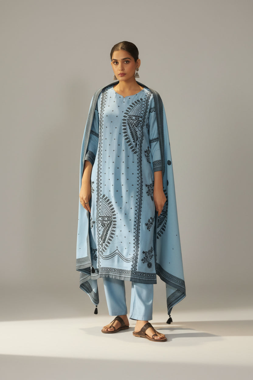 Seafoam Blue Muslin Black Jacquard Kurta Set