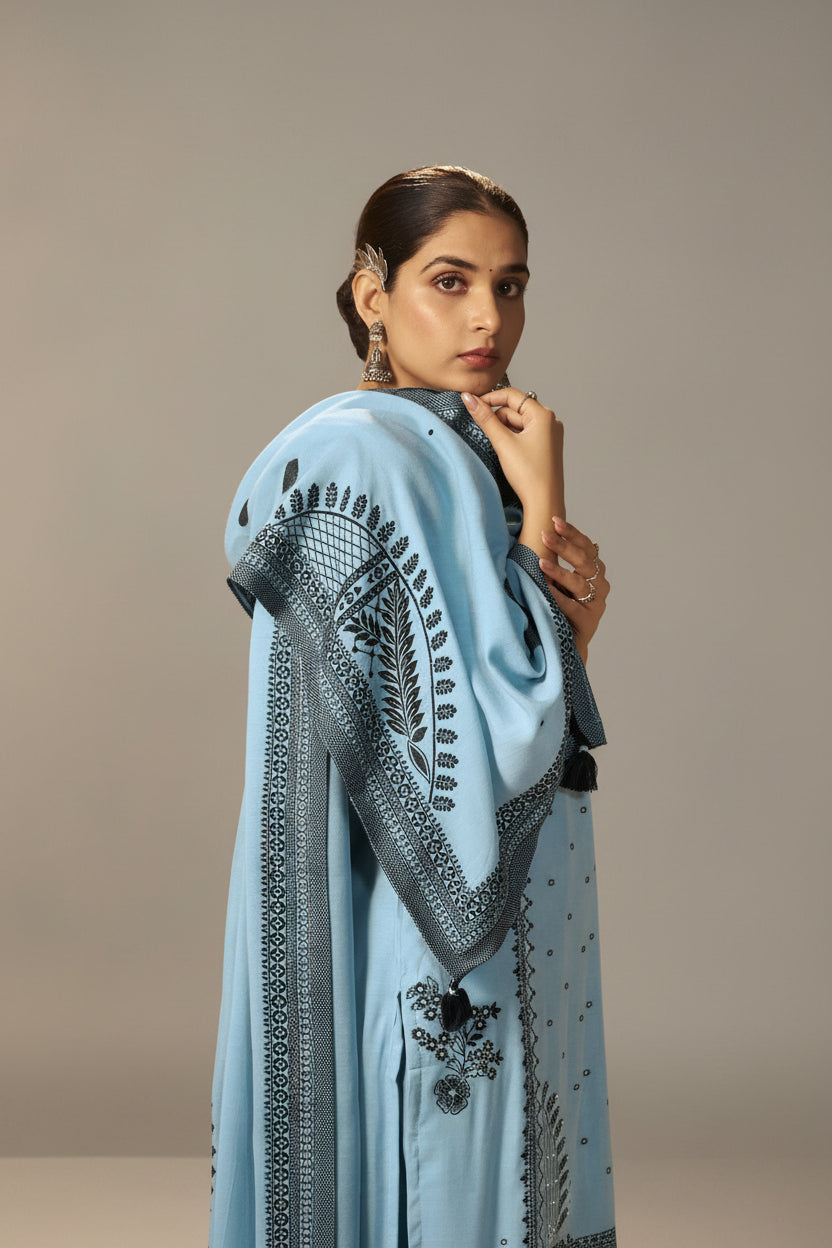 Seafoam Blue Muslin Black Jacquard Kurta Set