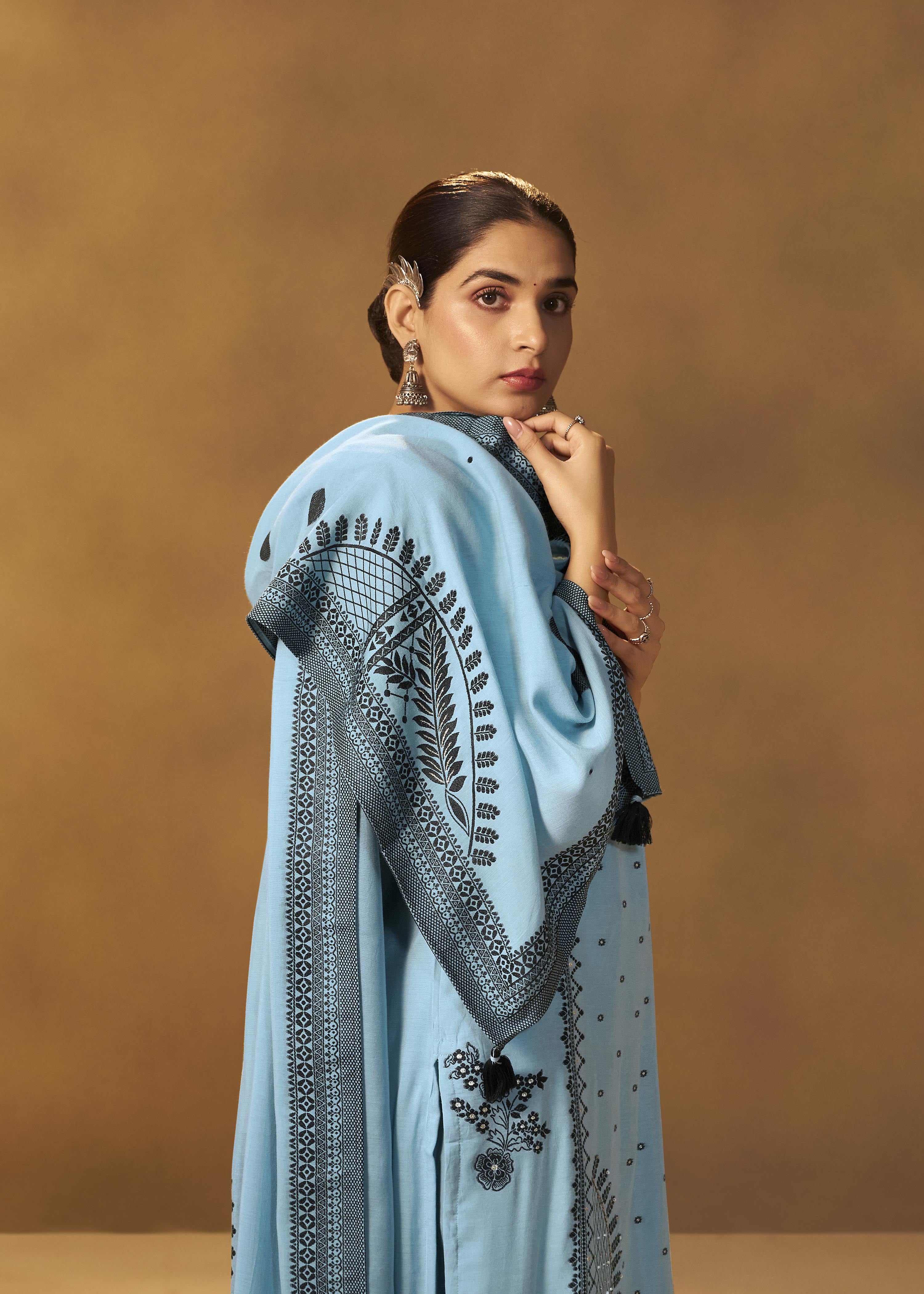 Seafoam Blue Muslin Black Jacquard Kurta Set