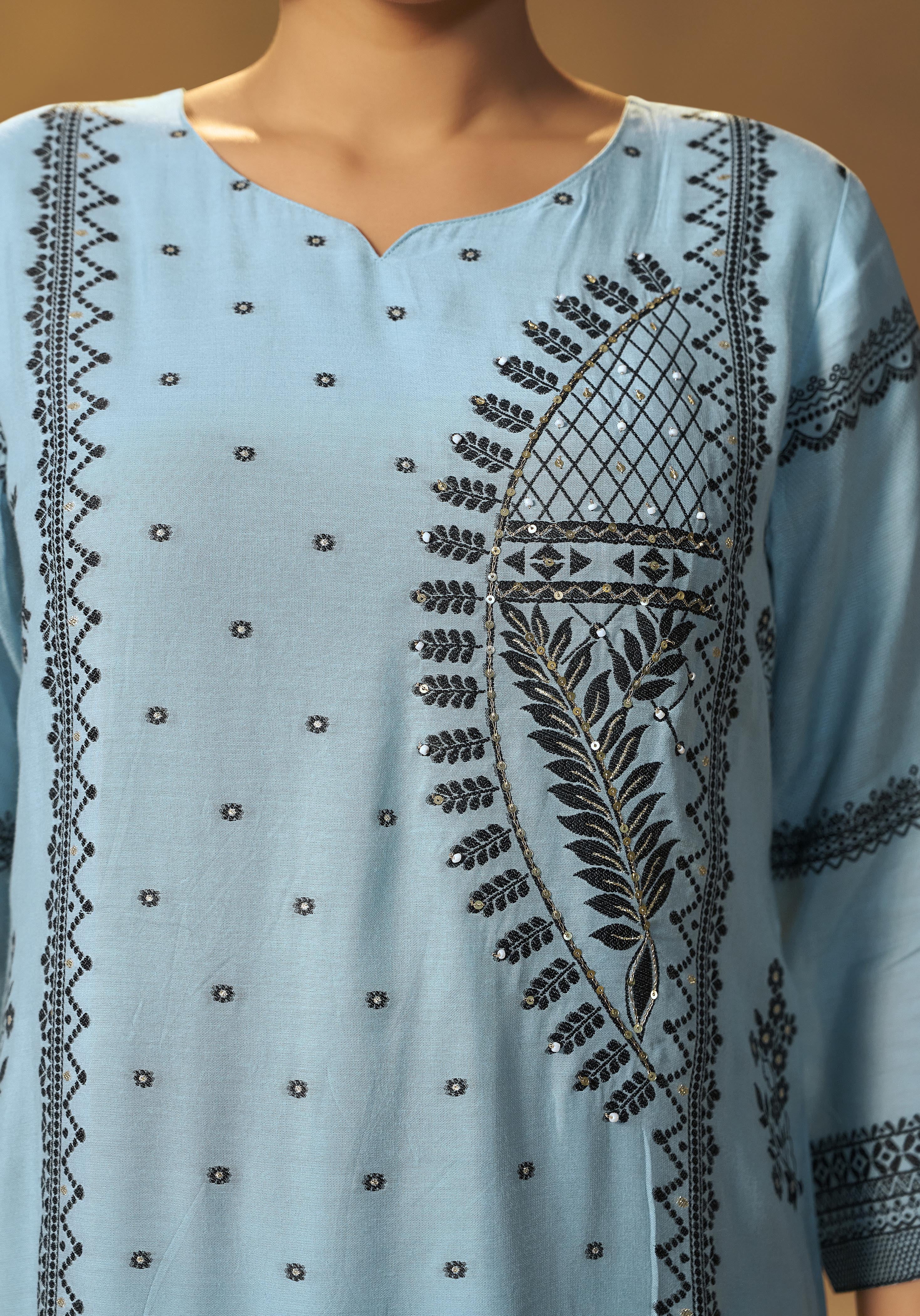 Seafoam Blue Muslin Black Jacquard Kurta Set