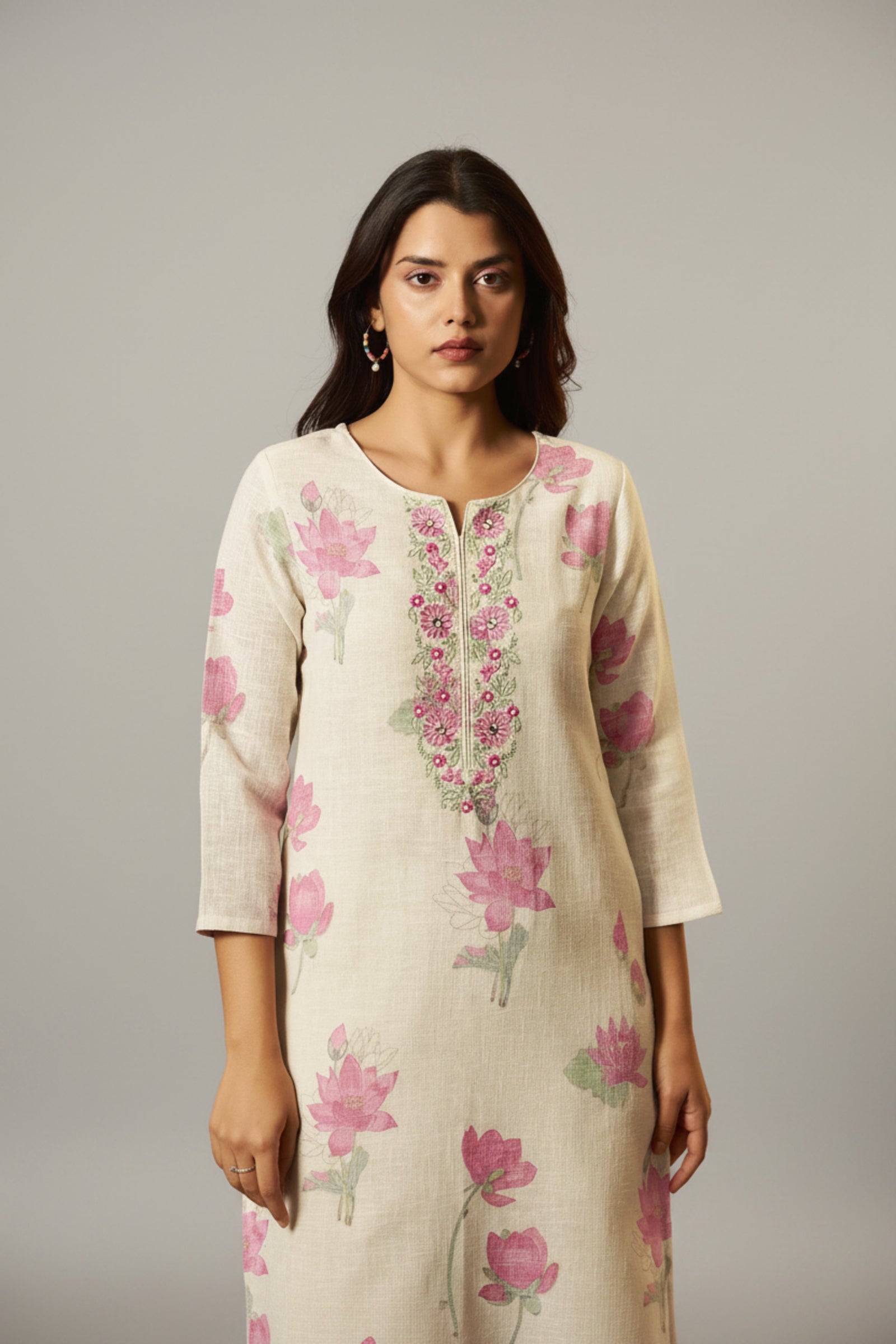 Digital Printed & Embroidered Floral Cotton Linen Kurta Set