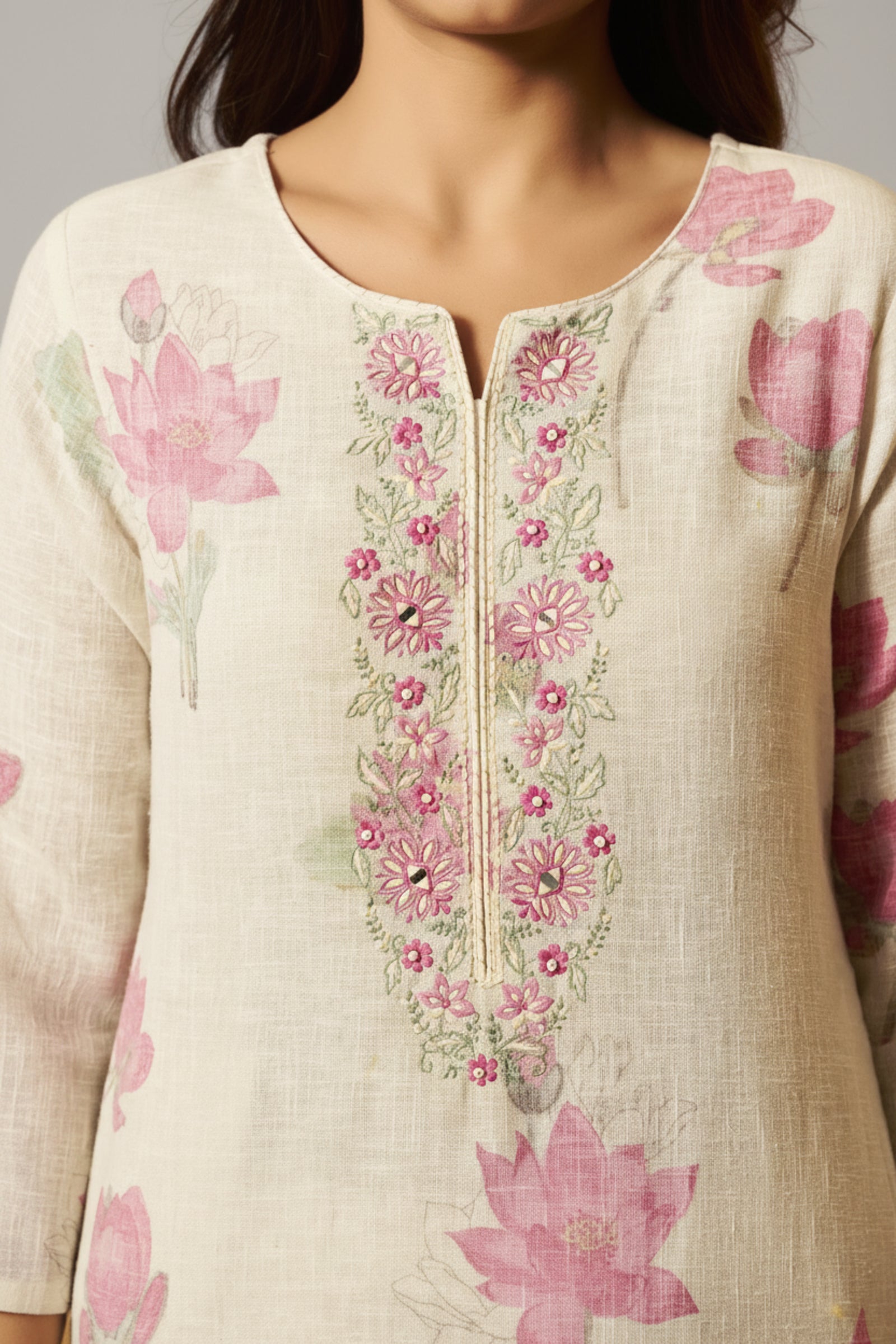 Digital Printed & Embroidered Floral Cotton Linen Kurta Set