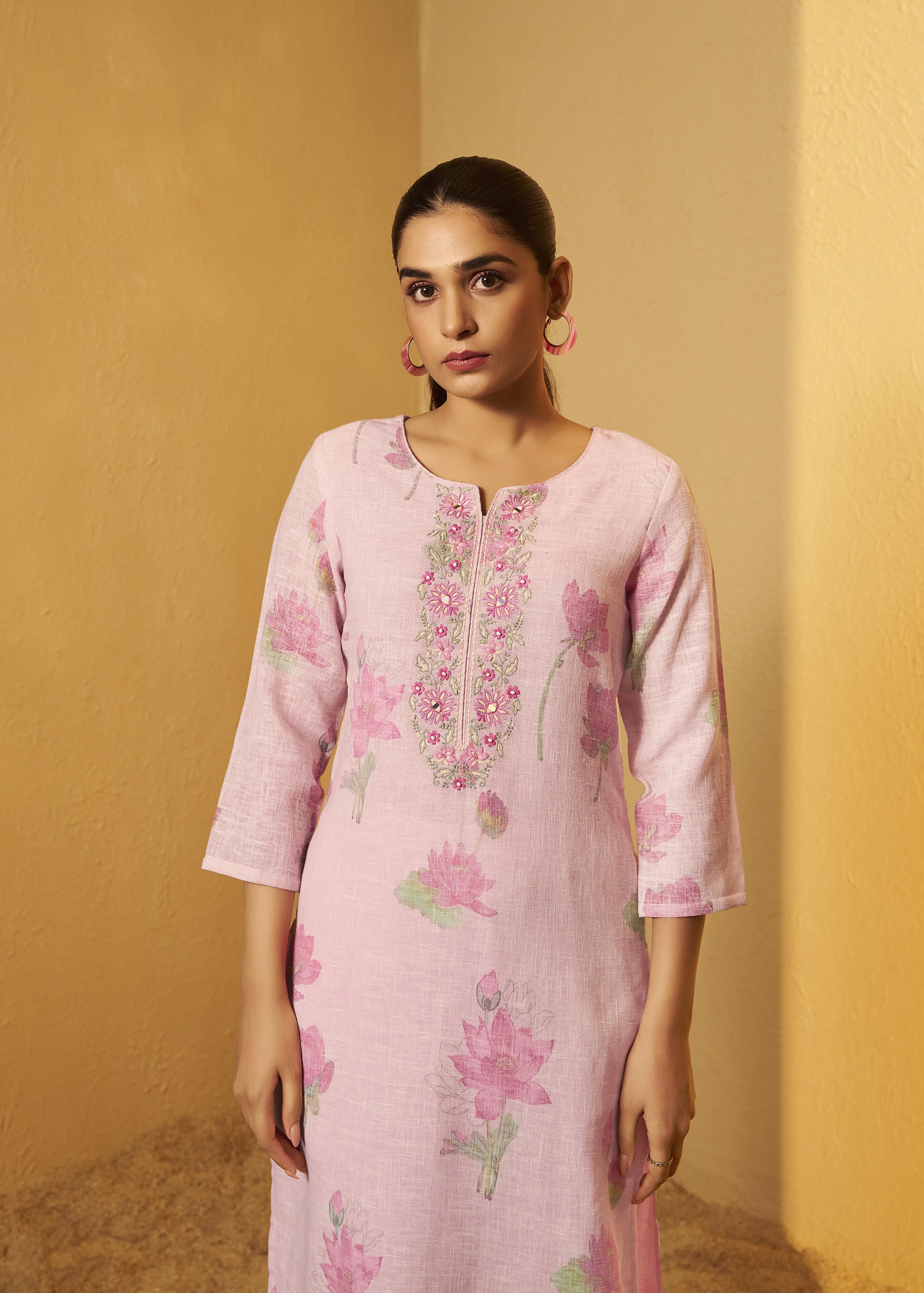 Pink Poly Linen Digital Print Kurta Set with Cotton Bottom & Dupatta