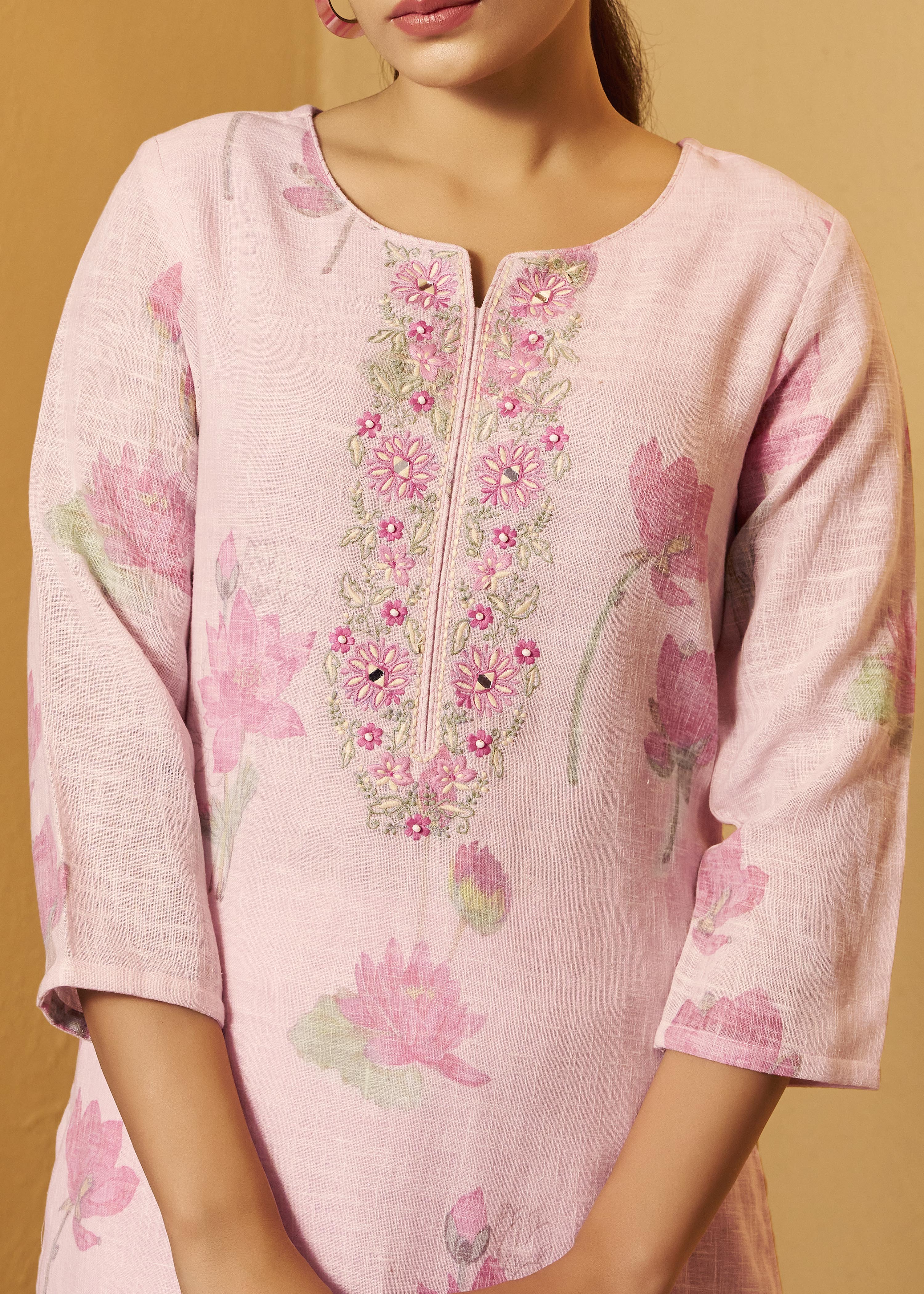 Pink Poly Linen Digital Print Kurta Set with Cotton Bottom & Dupatta