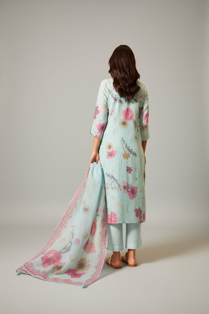 Mint Blue Linen Cotton Digital Print Kurta Set