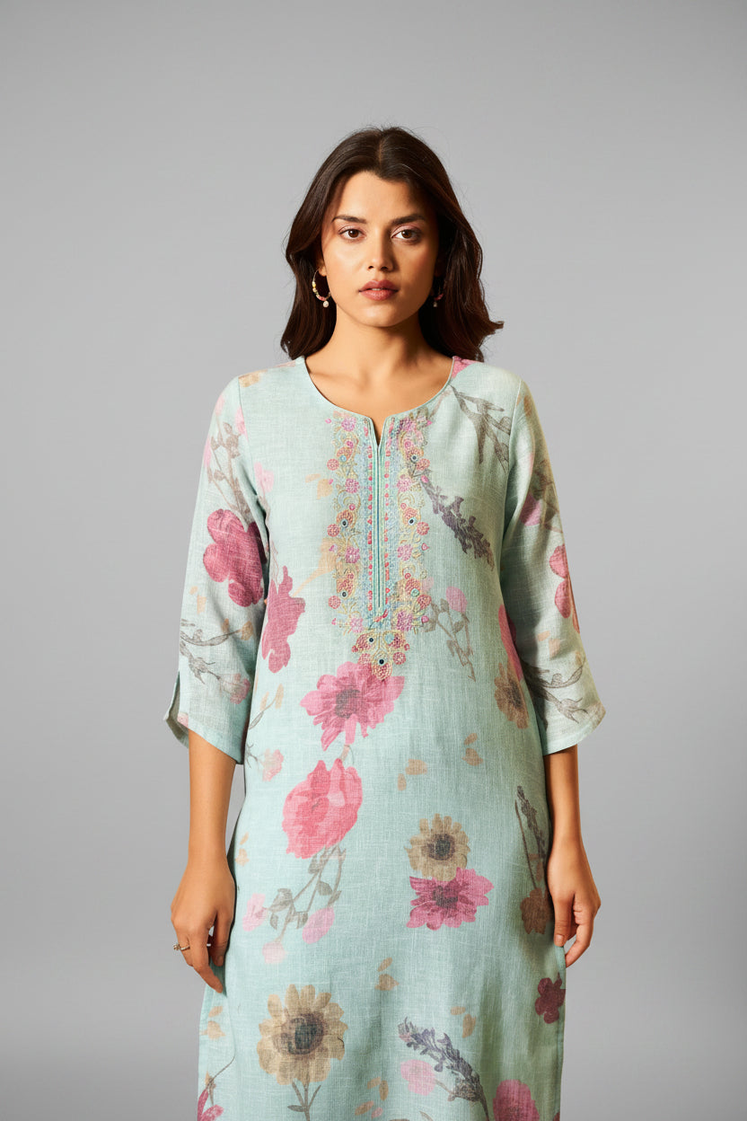 Mint Blue Linen Cotton Digital Print Kurta Set