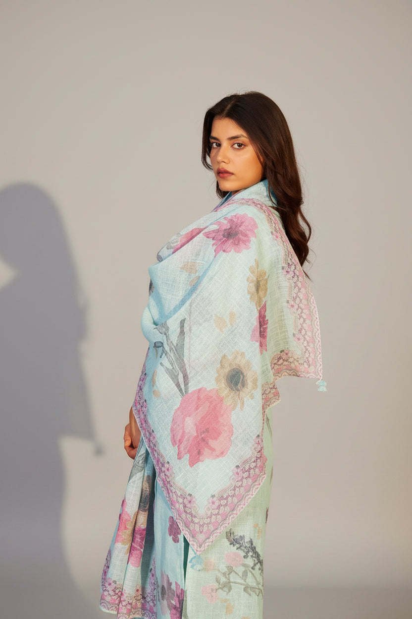 Mint Blue Linen Cotton Digital Print Kurta Set