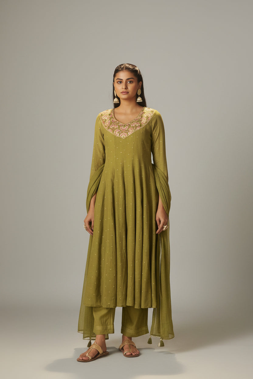 Moss Green Mul Chanderi Embroidery Anarkali Kurta Set
