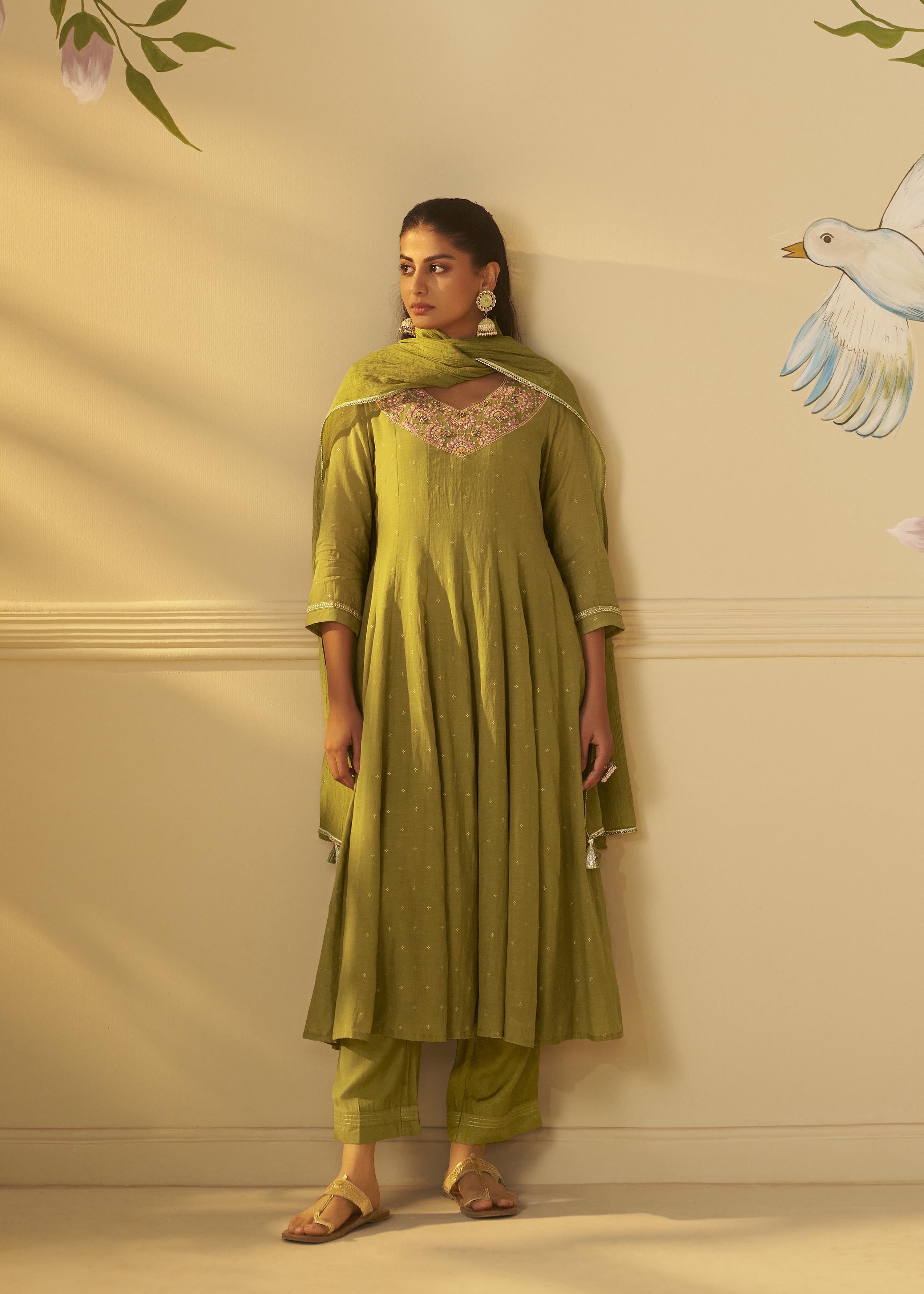 Moss Green Mul Chanderi Embroidery Anarkali Kurta Set