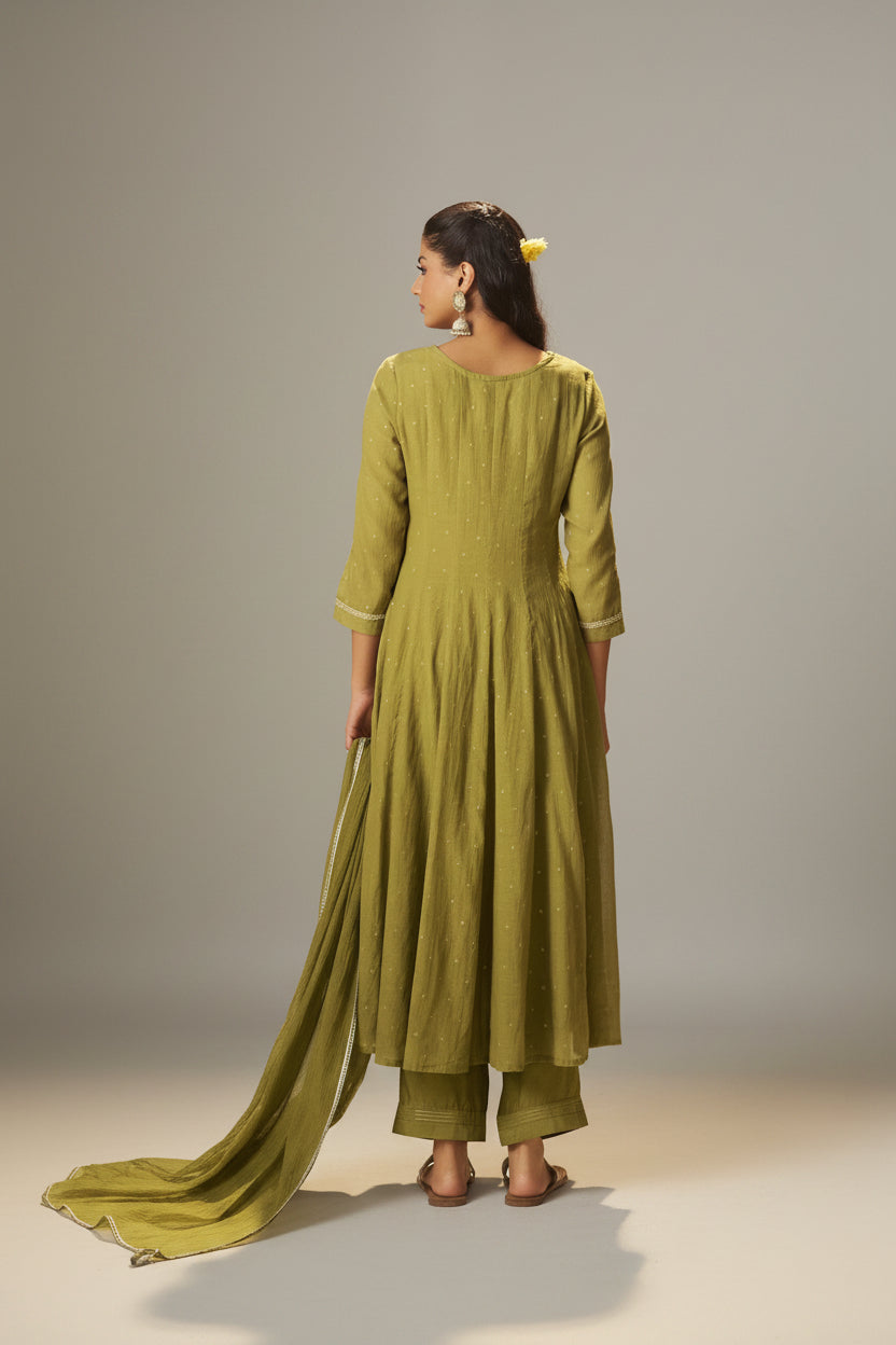 Moss Green Mul Chanderi Embroidery Anarkali Kurta Set