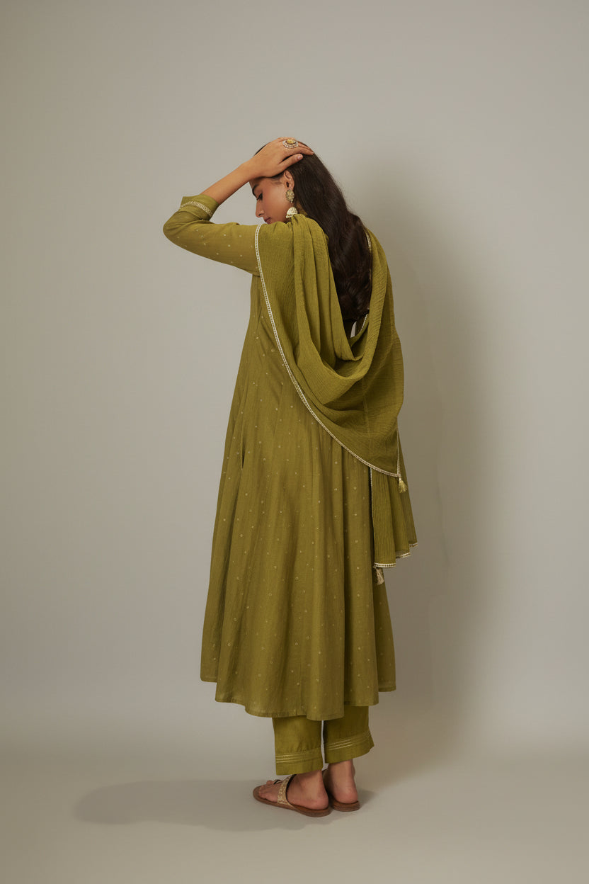 Moss Green Mul Chanderi Embroidery Anarkali Kurta Set