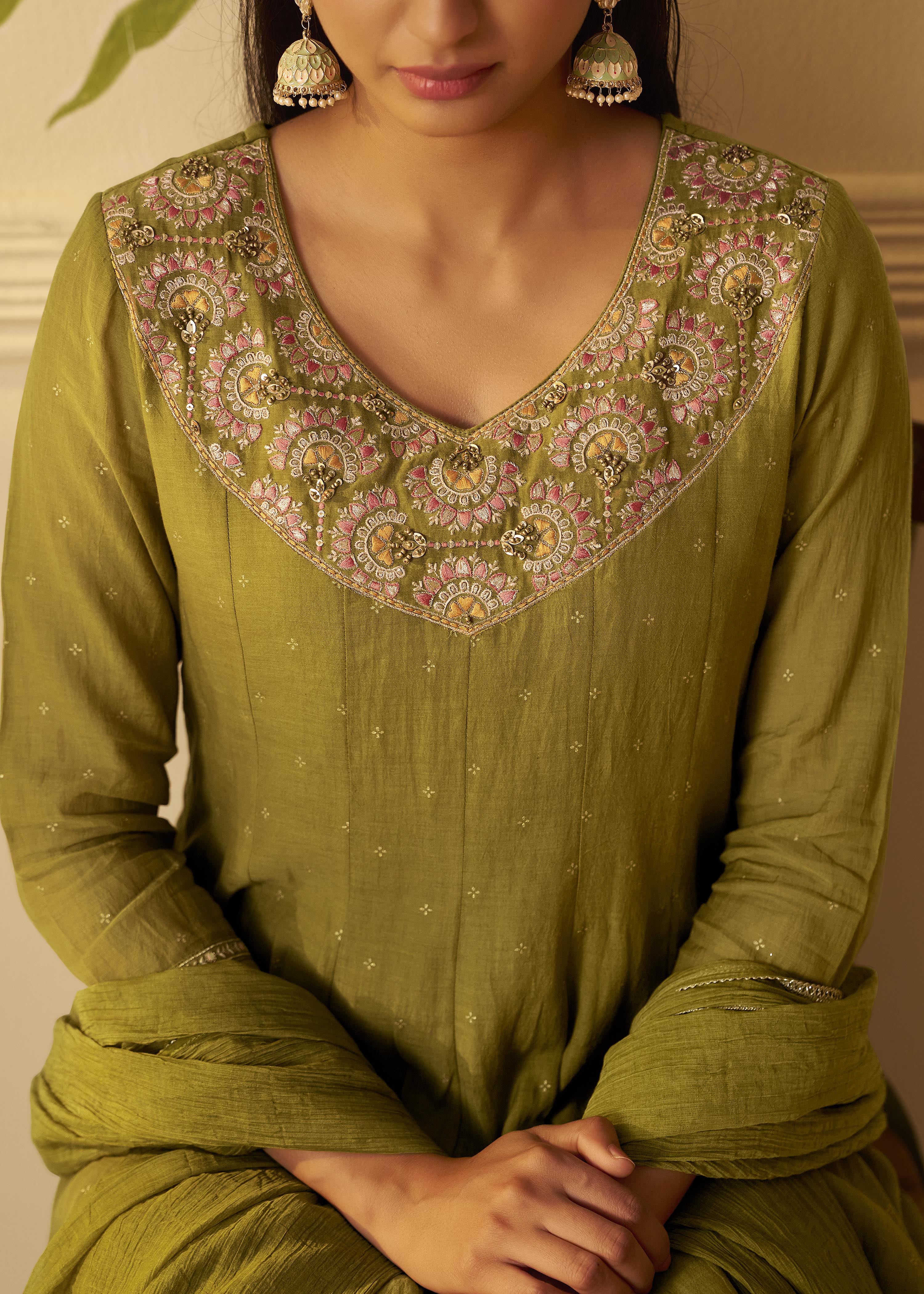 Moss Green Mul Chanderi Embroidery Anarkali Kurta Set