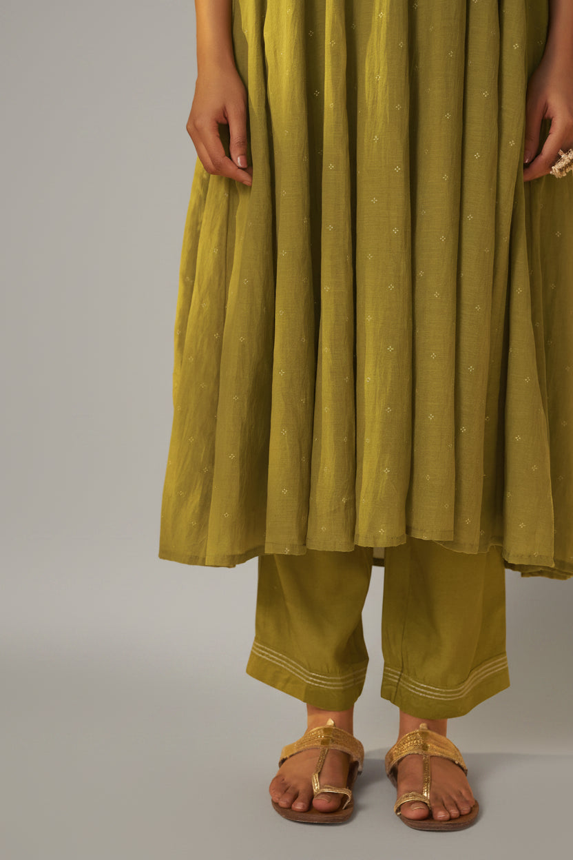 Moss Green Mul Chanderi Embroidery Anarkali Kurta Set