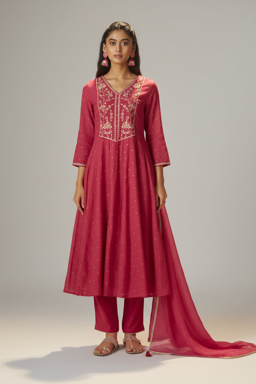 Raspberry Pink Mul Chanderi Embroidery Anarkali Kurta Set
