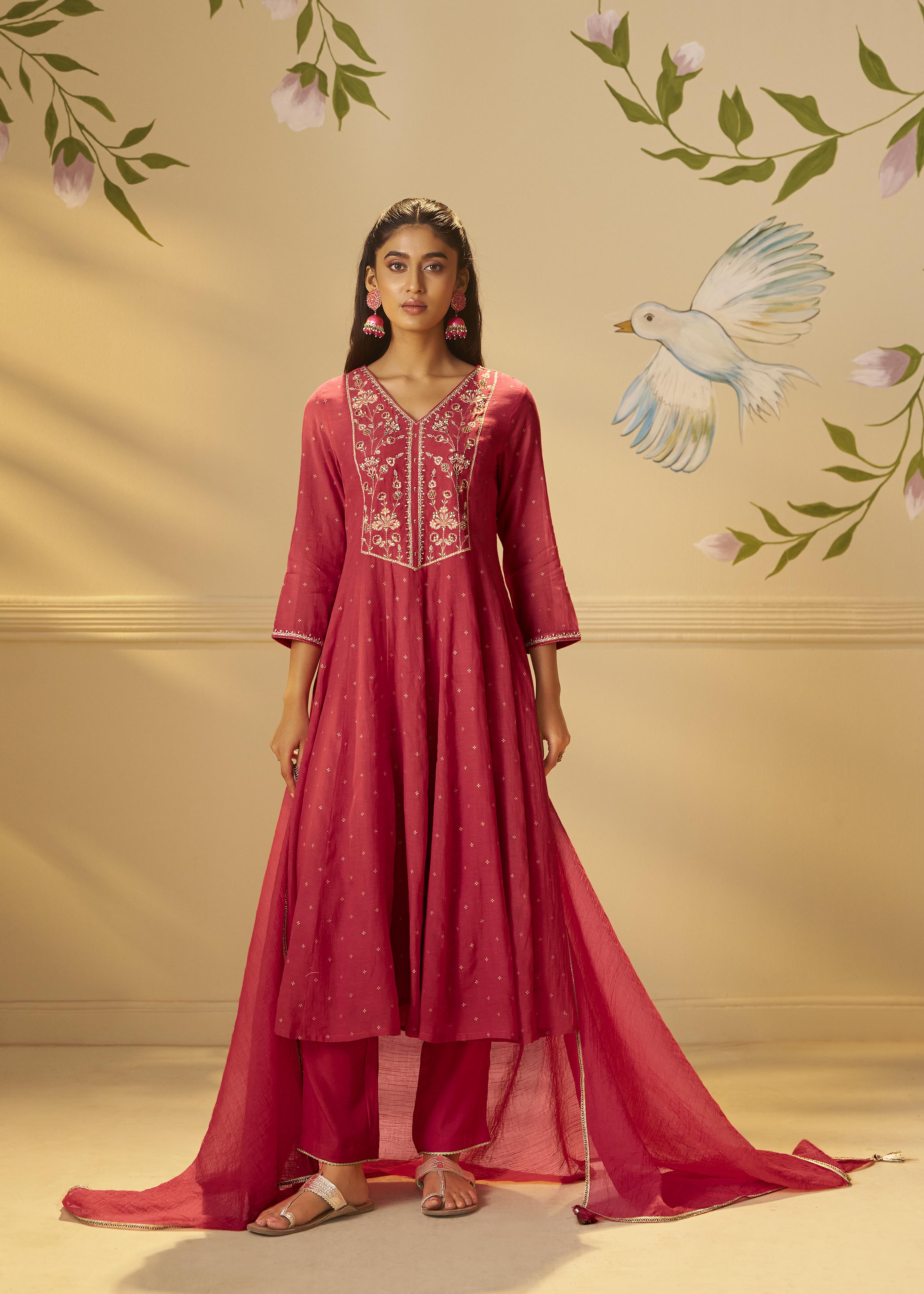 Raspberry Pink Mul Chanderi Embroidery Anarkali Kurta Set