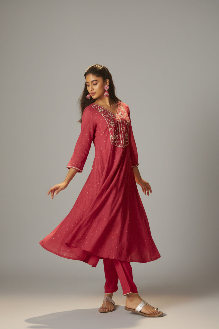 Raspberry Pink Mul Chanderi Embroidery Anarkali Kurta Set