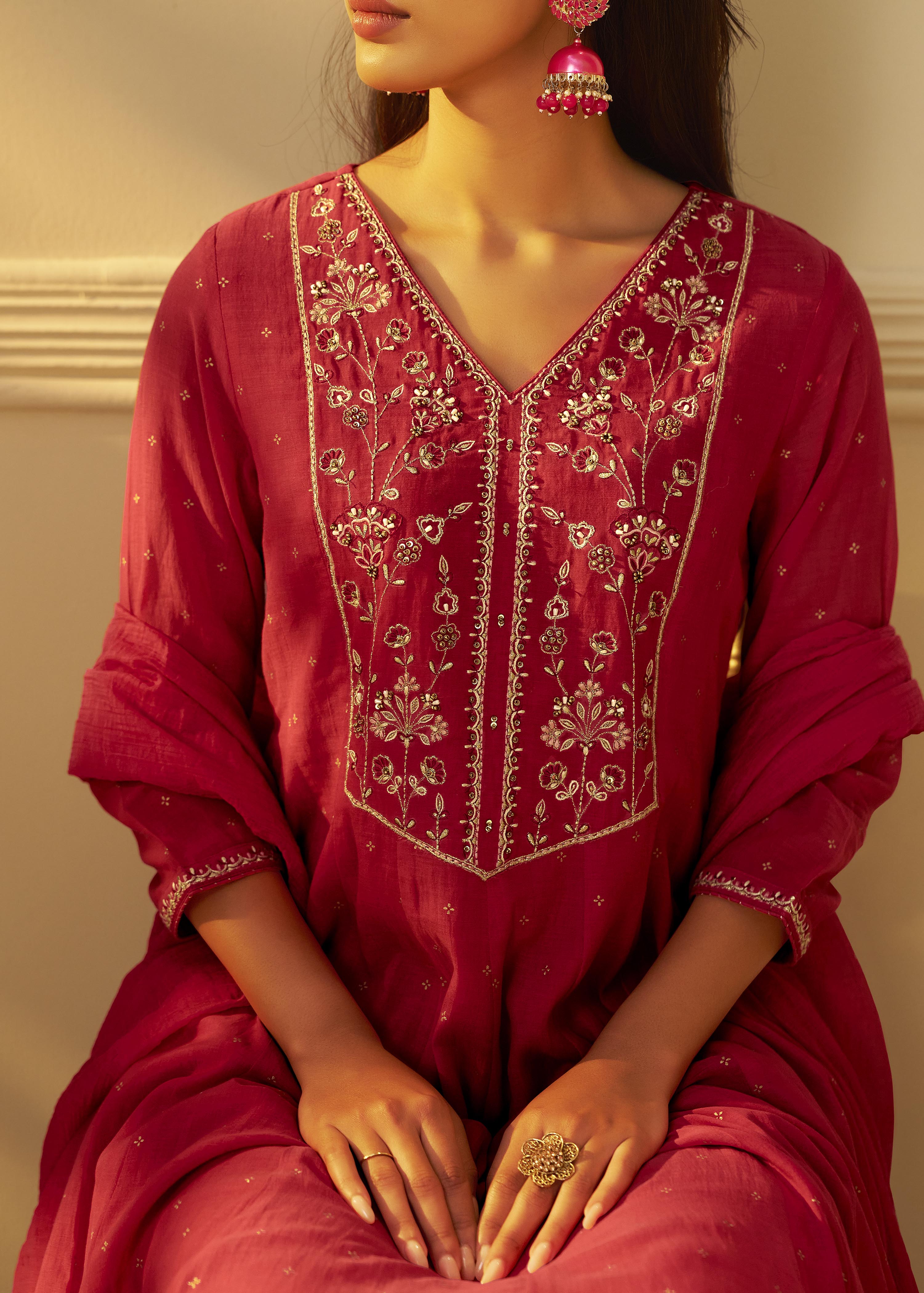 Raspberry Pink Mul Chanderi Embroidery Anarkali Kurta Set