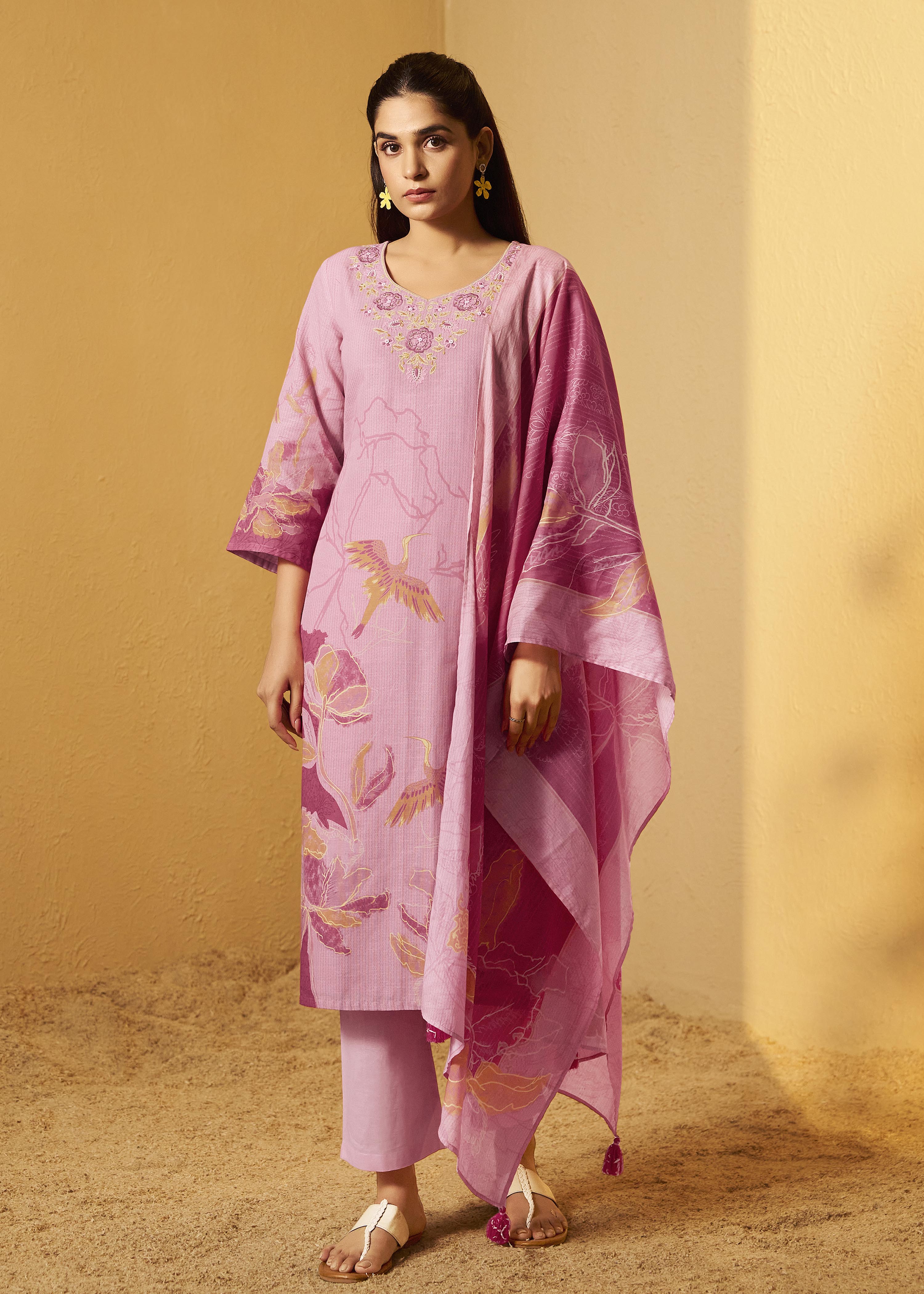 Peony Pink Cotton Linen Digital Print Kurta Set