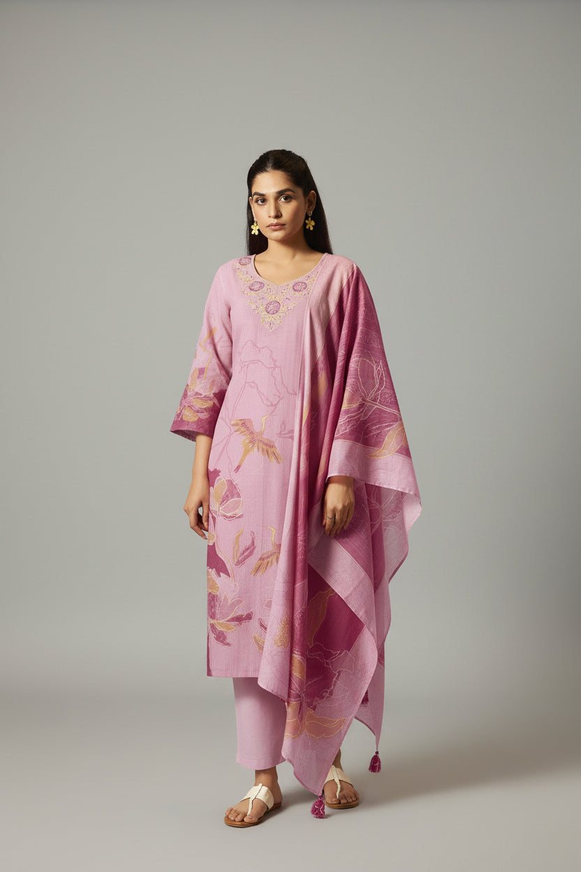Peony Pink Cotton Linen Digital Print Kurta Set
