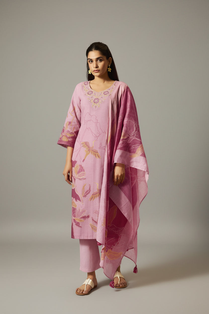 Peony Pink Cotton Linen Digital Print Kurta Set
