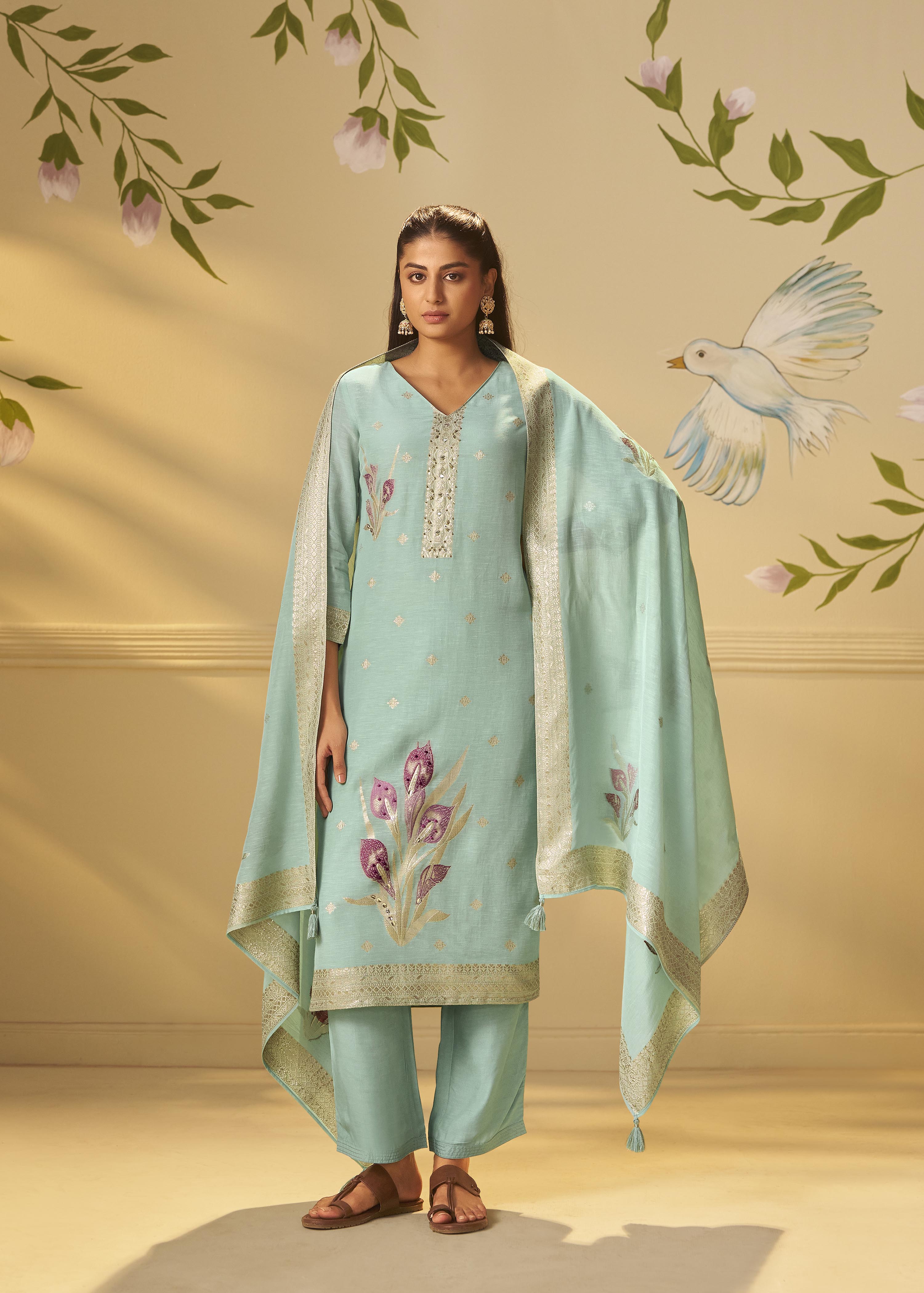 Iced Teal Blue Viscose Linen Jacquard Fancy Kurta Set