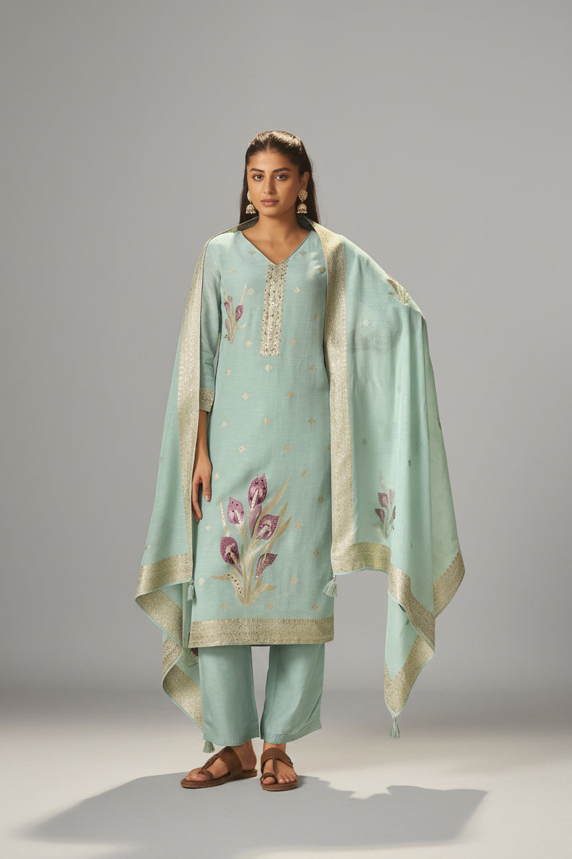 Iced Teal Blue Viscose Linen Jacquard Fancy Kurta Set