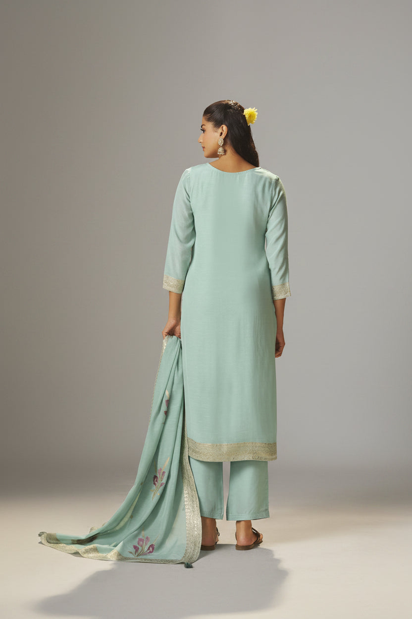 Iced Teal Blue Viscose Linen Jacquard Fancy Kurta Set