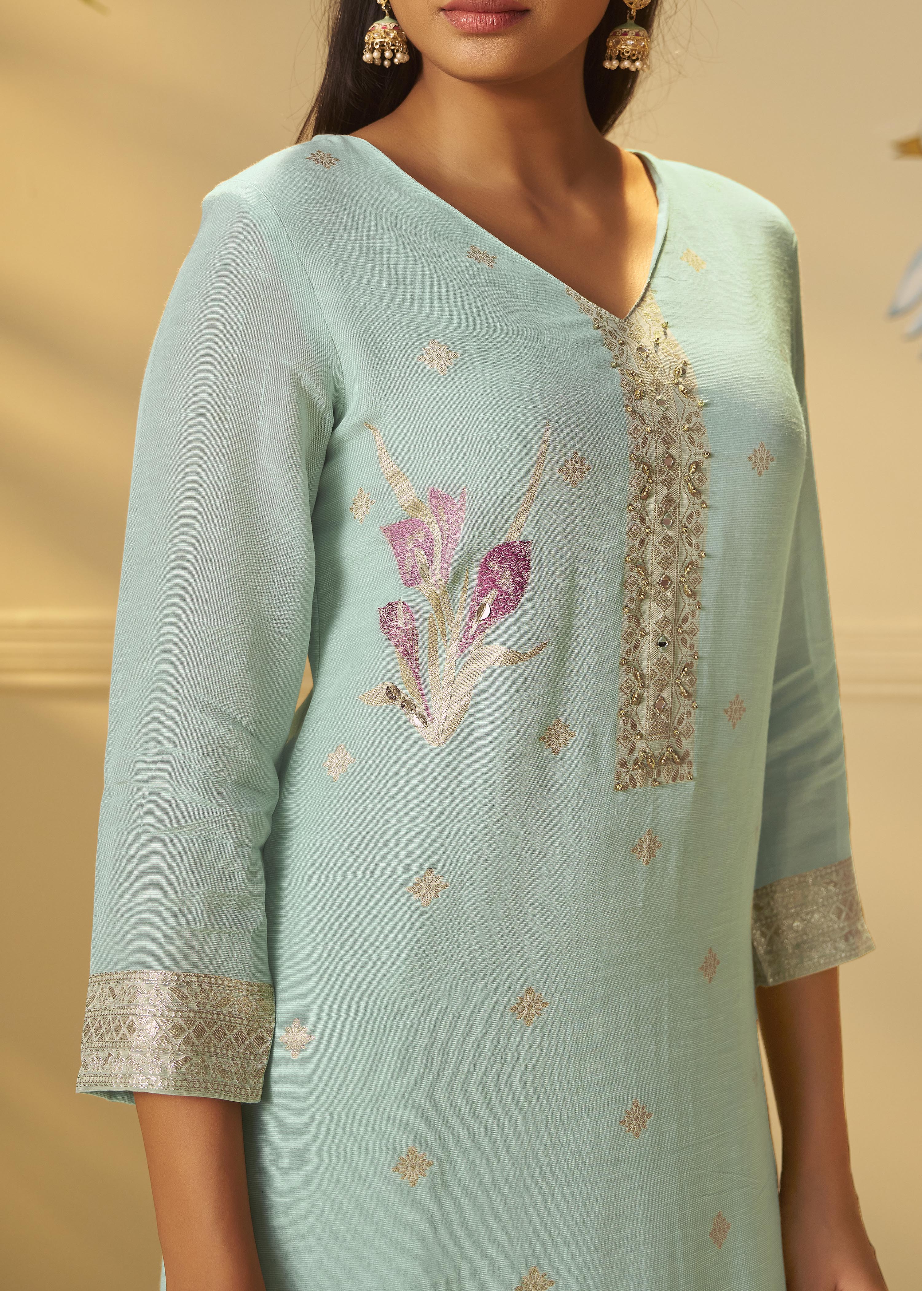 Iced Teal Blue Viscose Linen Jacquard Fancy Kurta Set