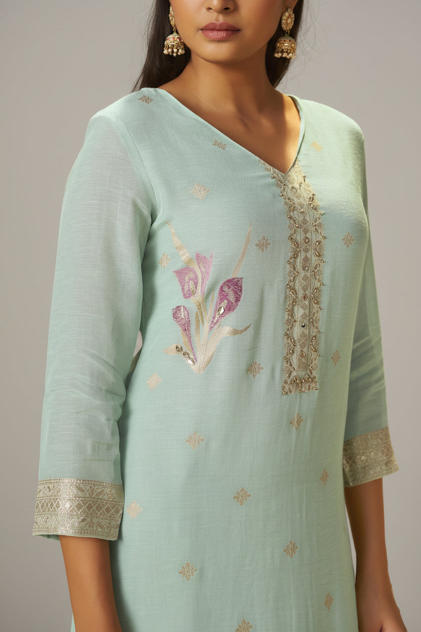Iced Teal Blue Viscose Linen Jacquard Fancy Kurta Set