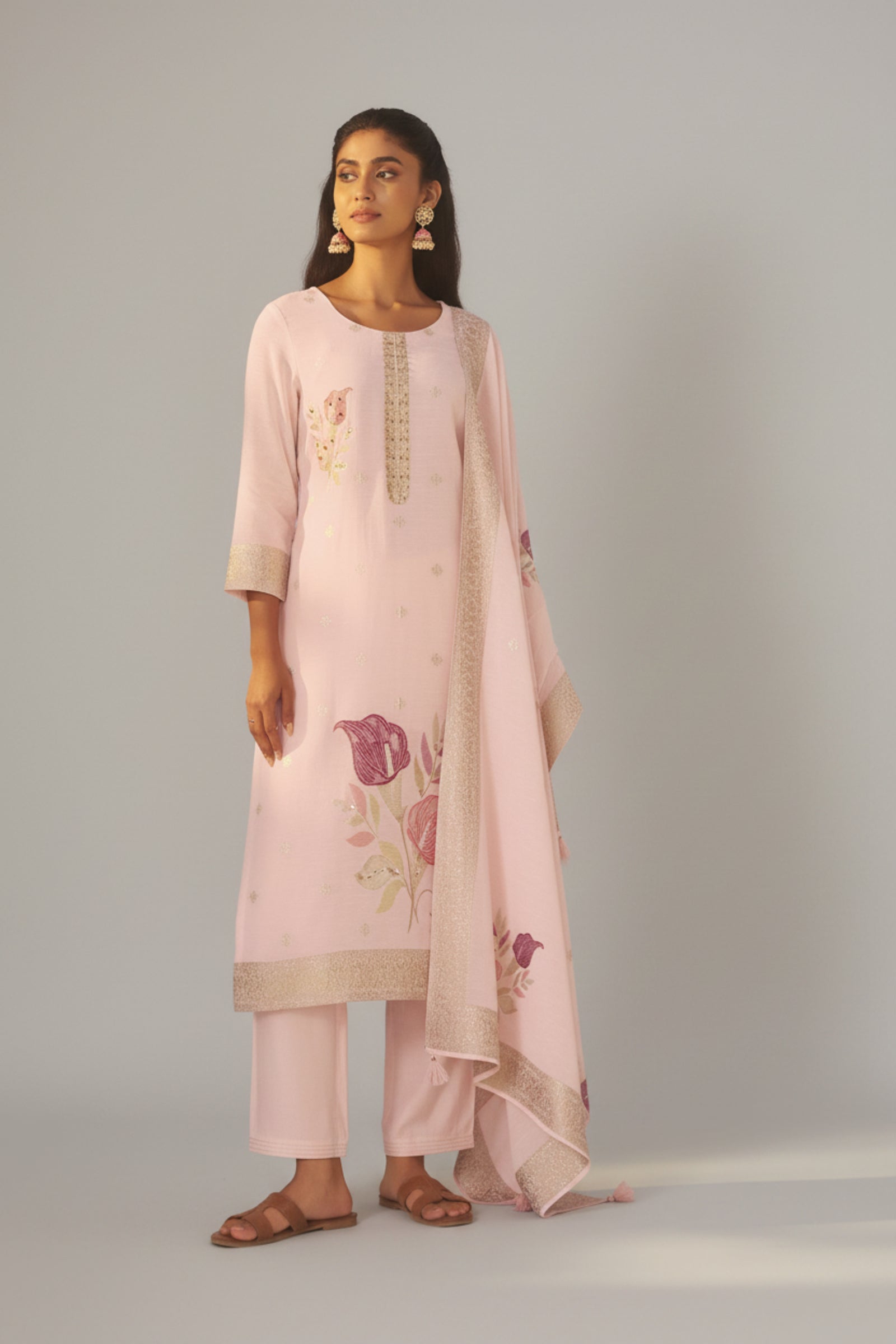 Crystal Pink Viscose Linen Jacquard Fancy Kurta Set