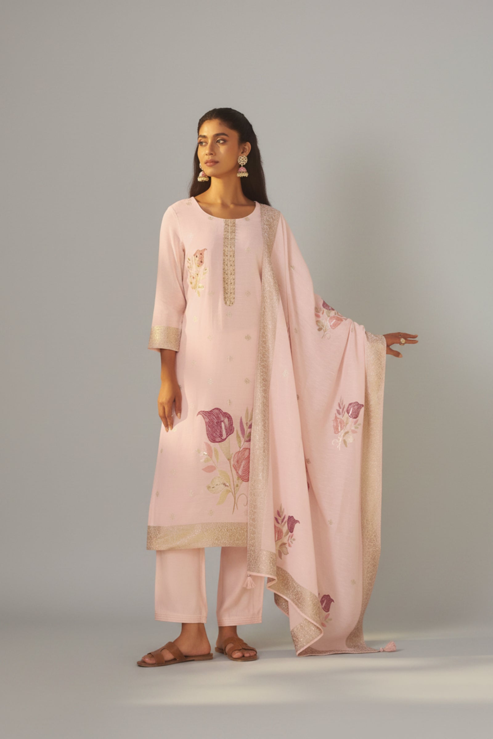 Crystal Pink Viscose Linen Jacquard Fancy Kurta Set