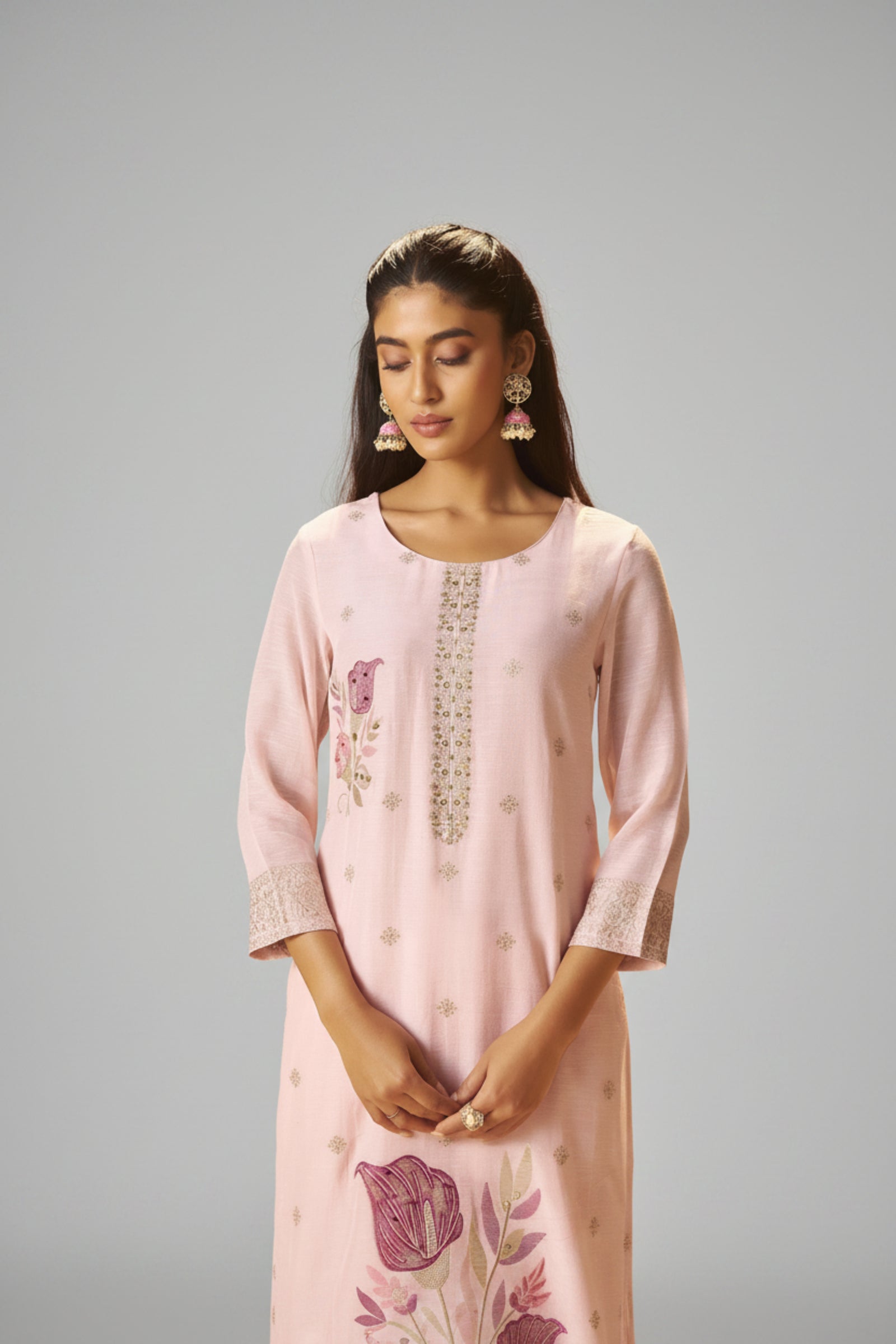 Crystal Pink Viscose Linen Jacquard Fancy Kurta Set