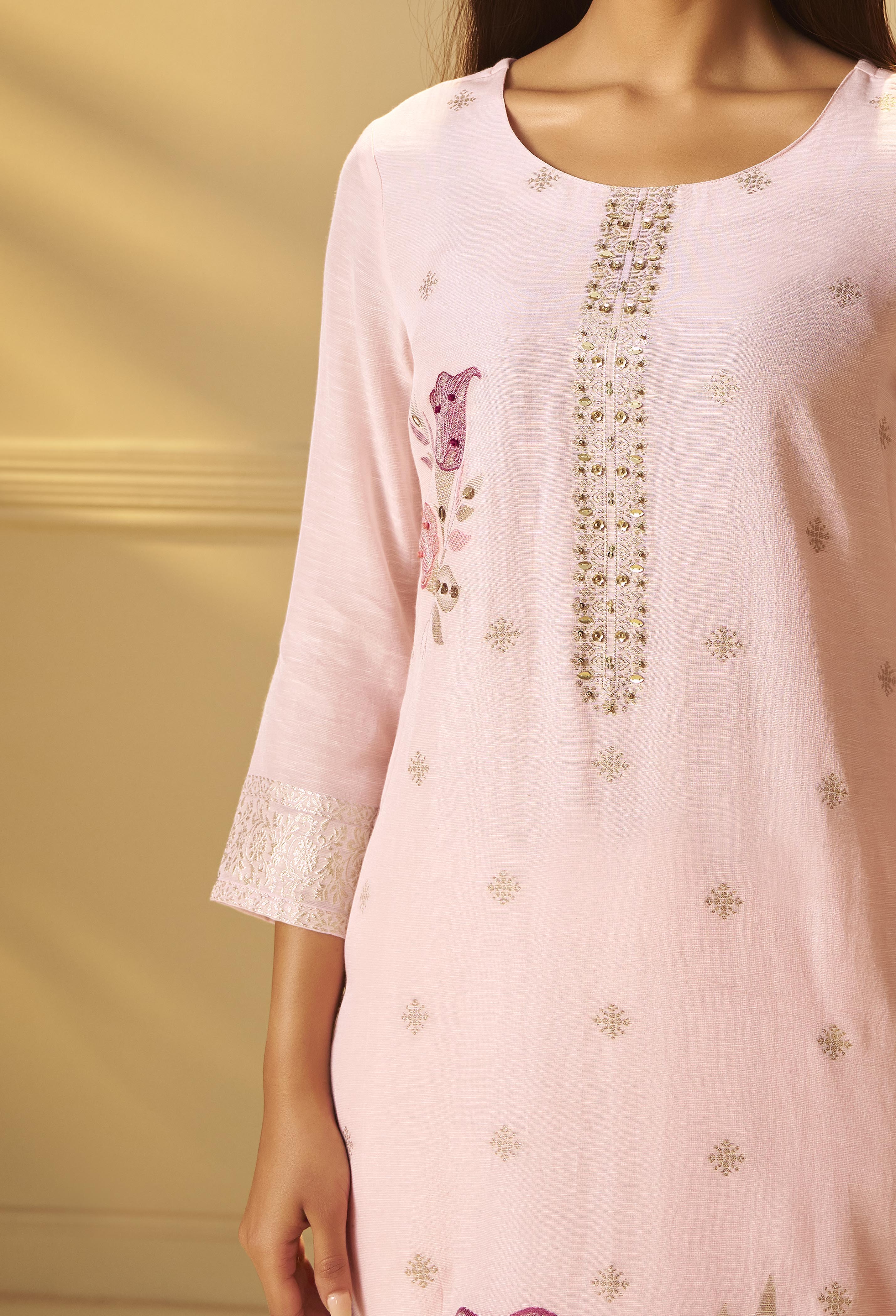 Crystal Pink Viscose Linen Jacquard Fancy Kurta Set