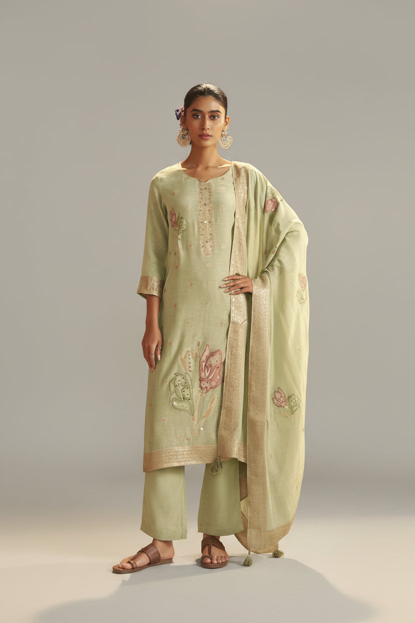 Soft Sage Green Viscose Linen Jacquard Fancy Kurta Set