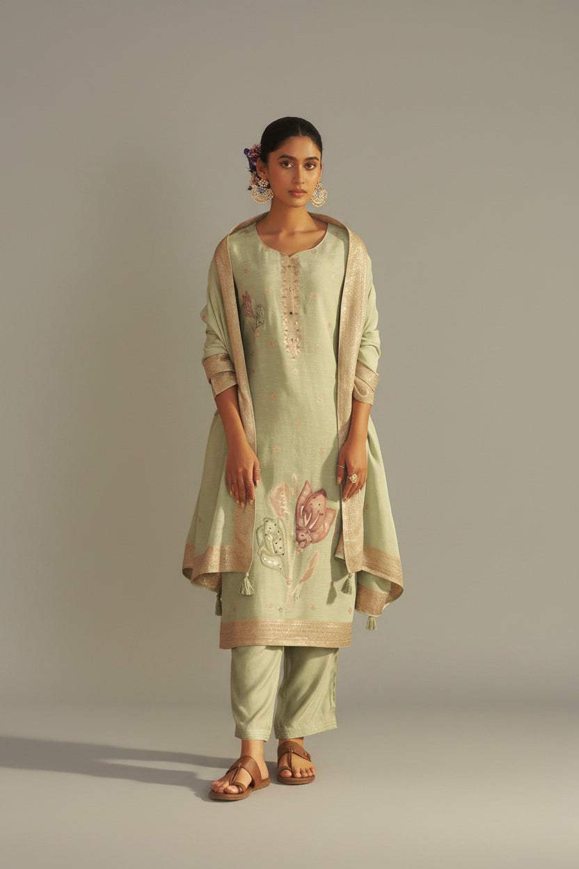 Soft Sage Green Viscose Linen Jacquard Fancy Kurta Set