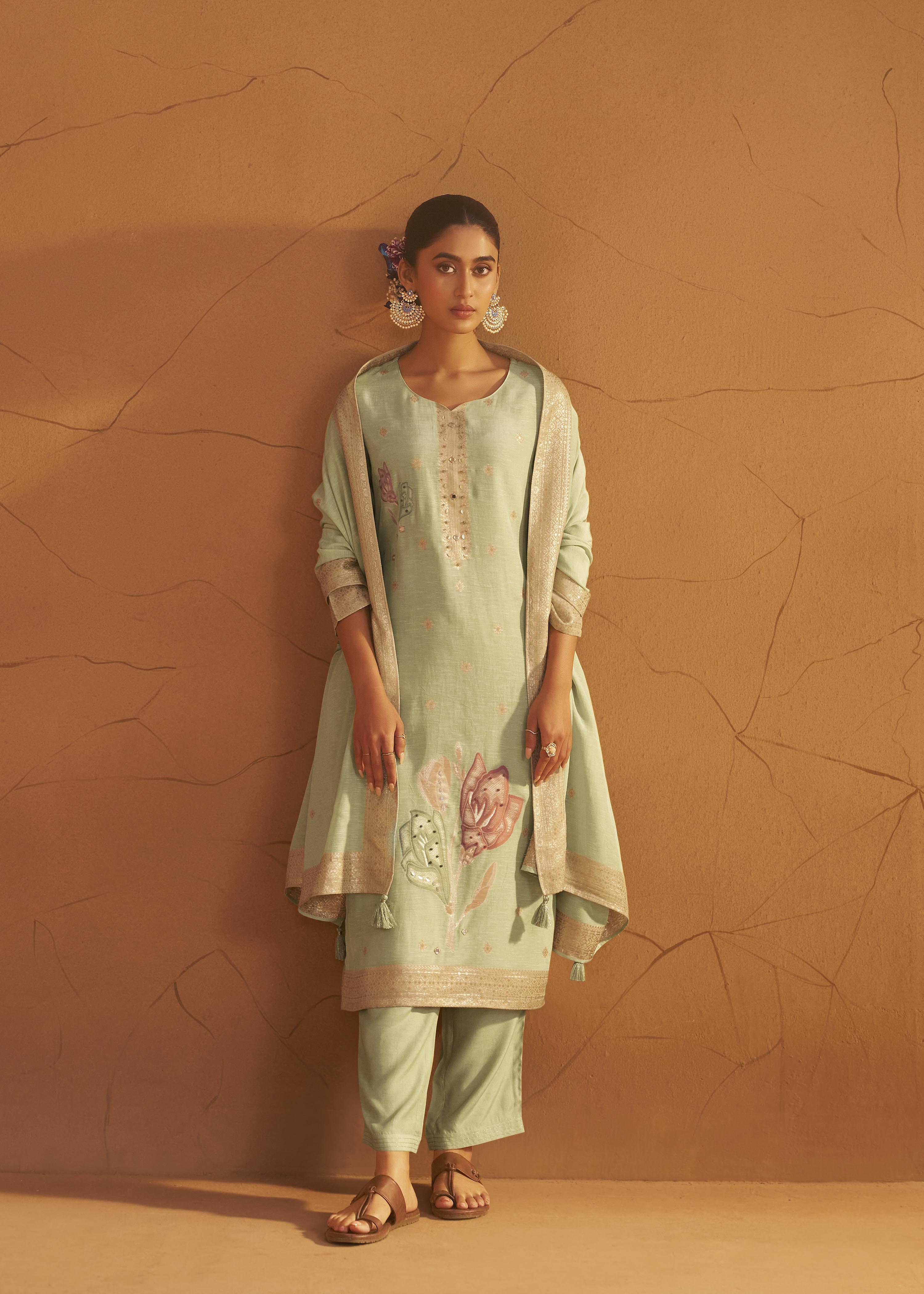 Soft Sage Green Viscose Linen Jacquard Fancy Kurta Set