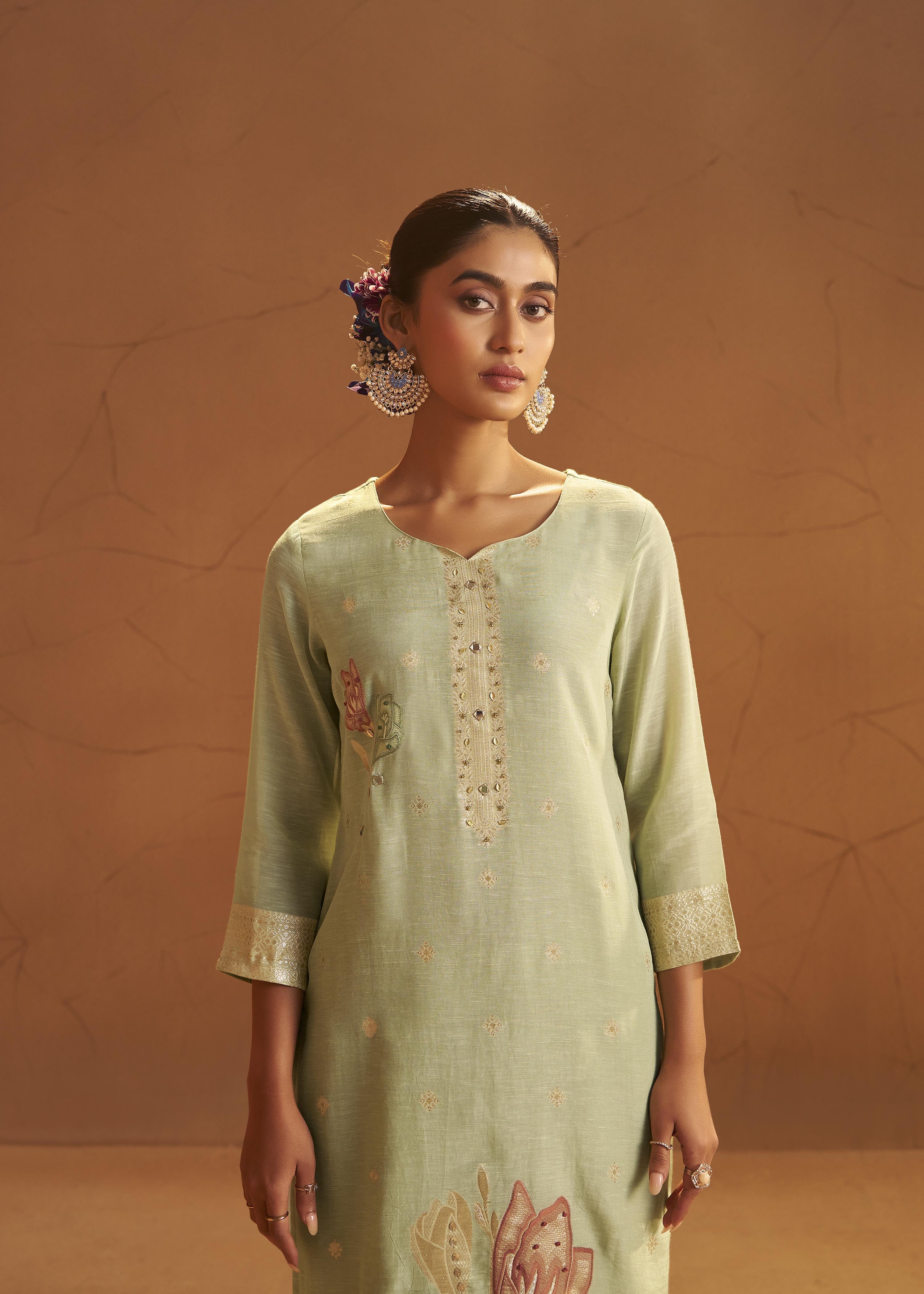 Soft Sage Green Viscose Linen Jacquard Fancy Kurta Set