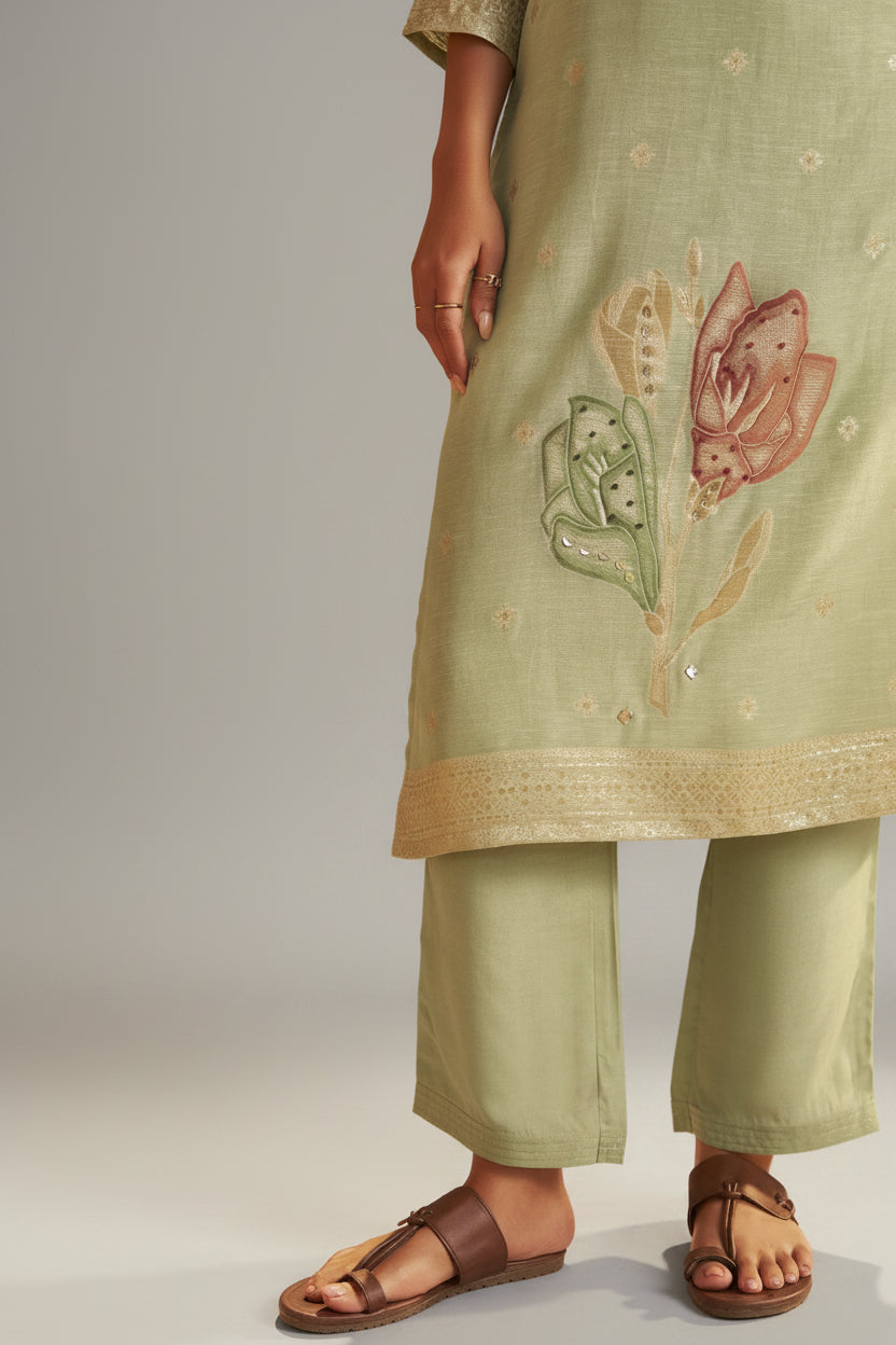 Soft Sage Green Viscose Linen Jacquard Fancy Kurta Set
