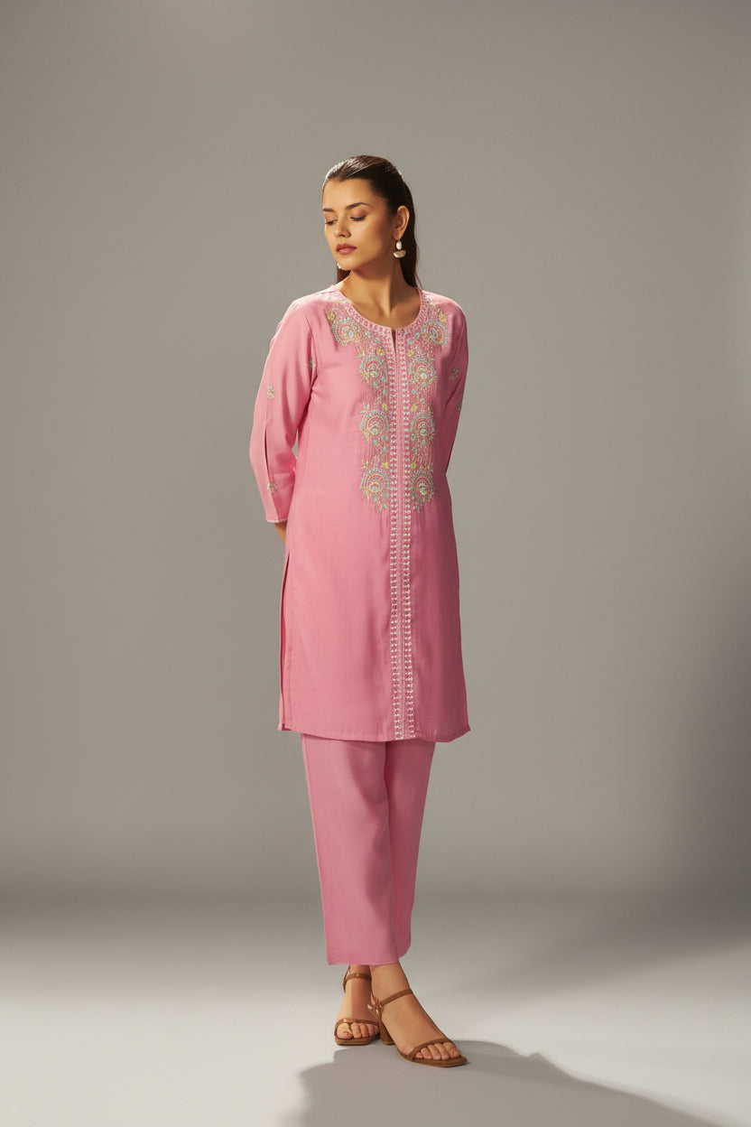 Sachet Pink Mul Chanderi Embroidery Co-ord Set