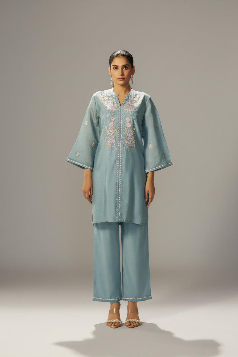 Dusty Teal Blue Mul Chanderi Embroidery Co-ord Set