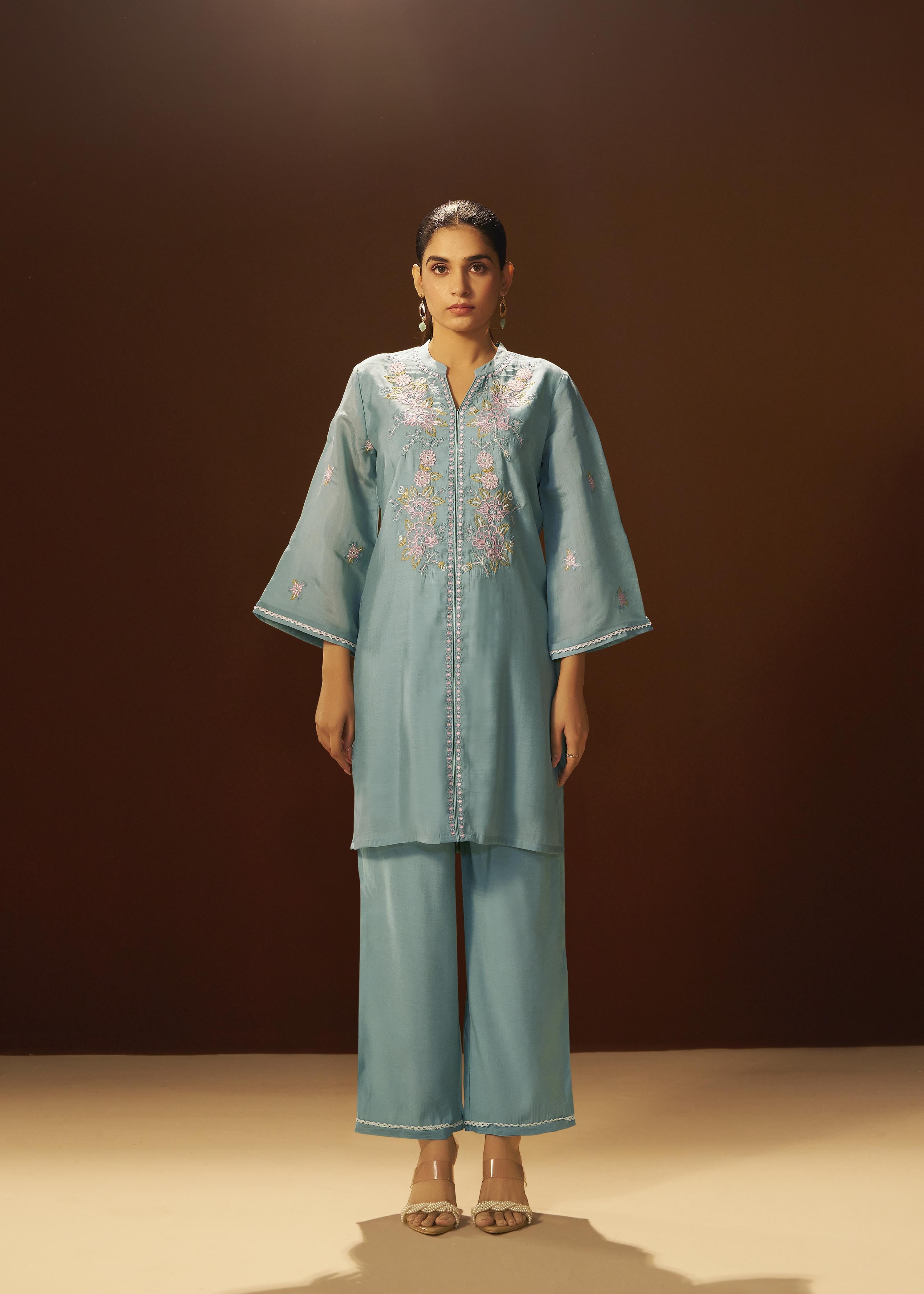 Dusty Teal Blue Mul Chanderi Embroidery Co-ord Set