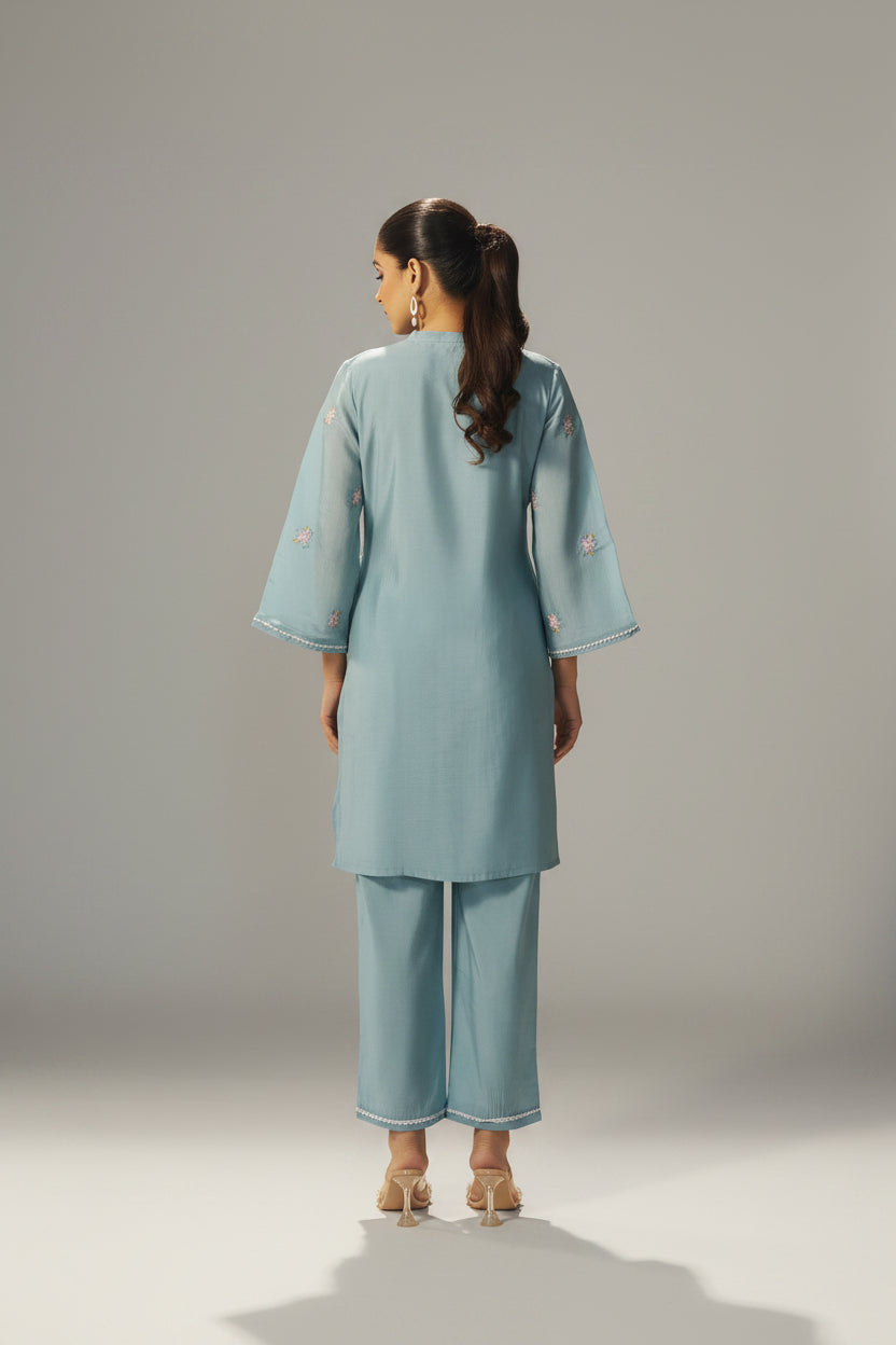Dusty Teal Blue Mul Chanderi Embroidery Co-ord Set