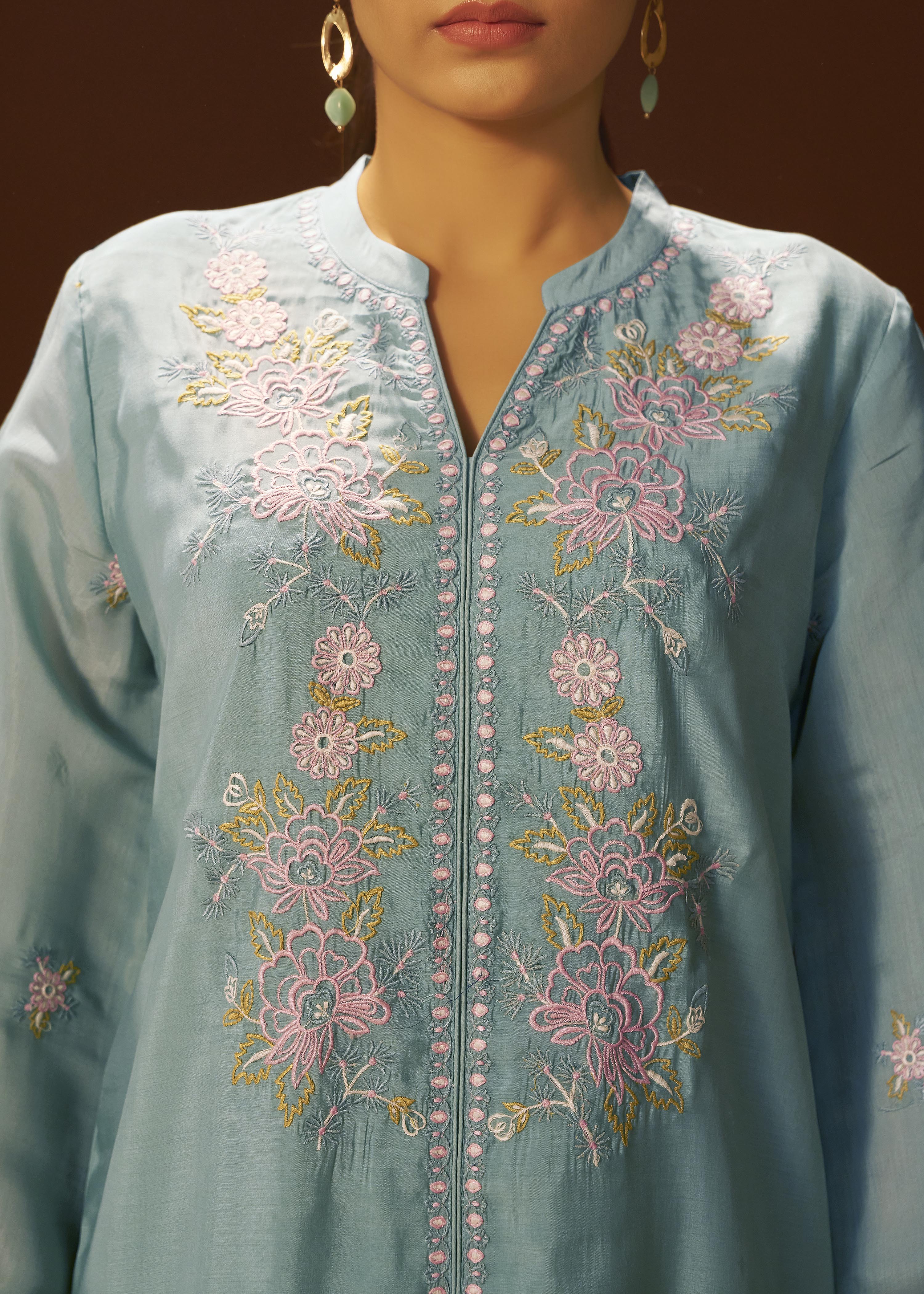 Dusty Teal Blue Mul Chanderi Embroidery Co-ord Set