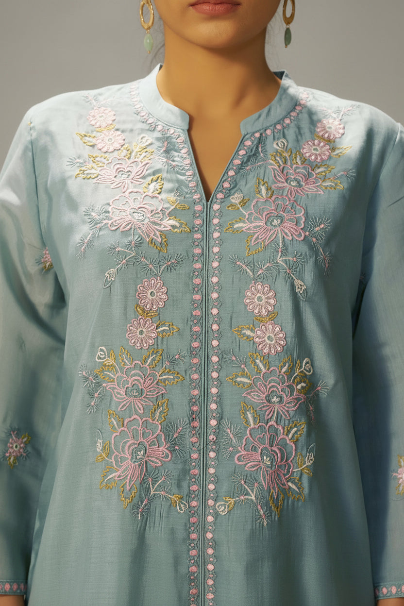 Dusty Teal Blue Mul Chanderi Embroidery Co-ord Set